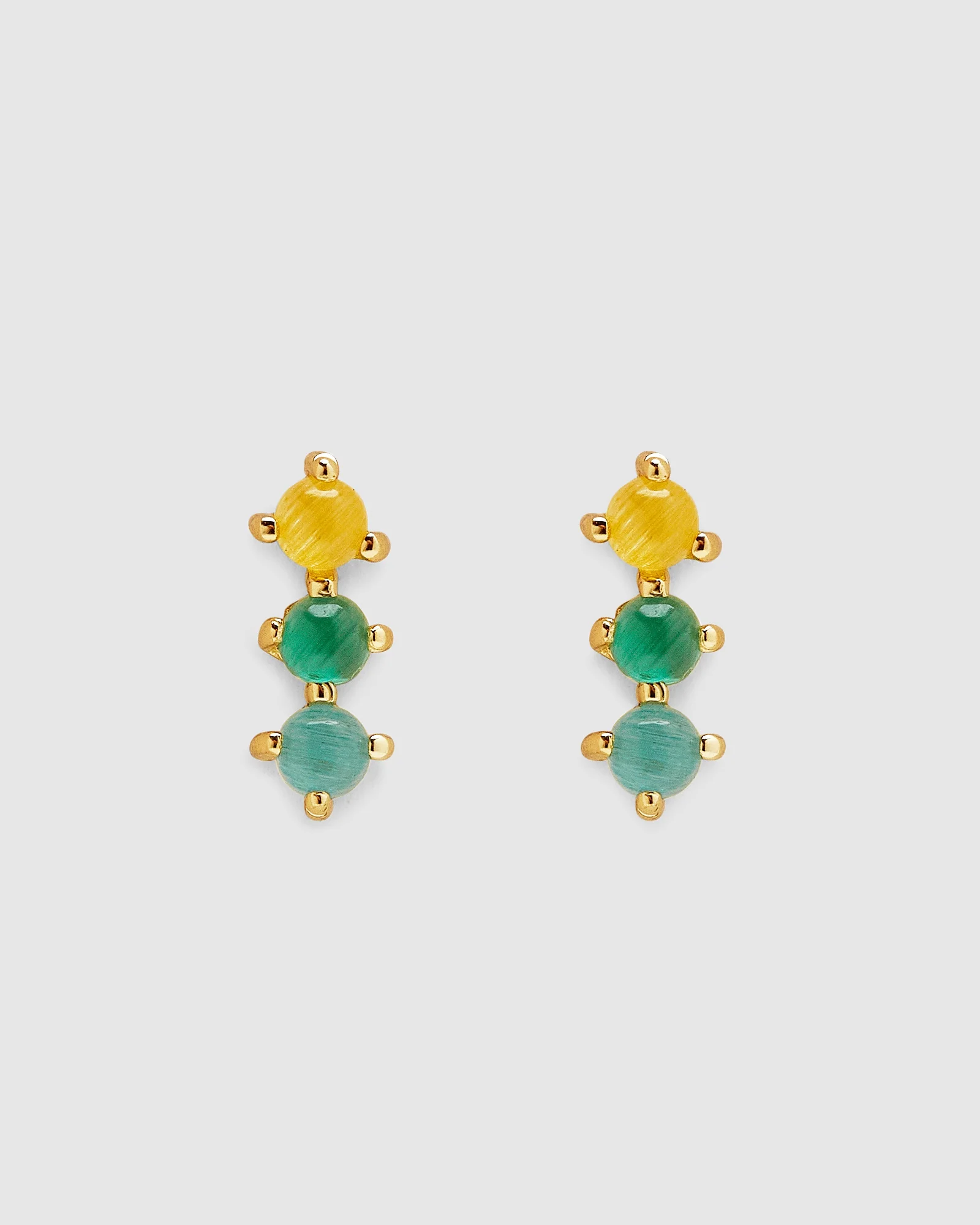 3 Stone Stud Gold Earrings