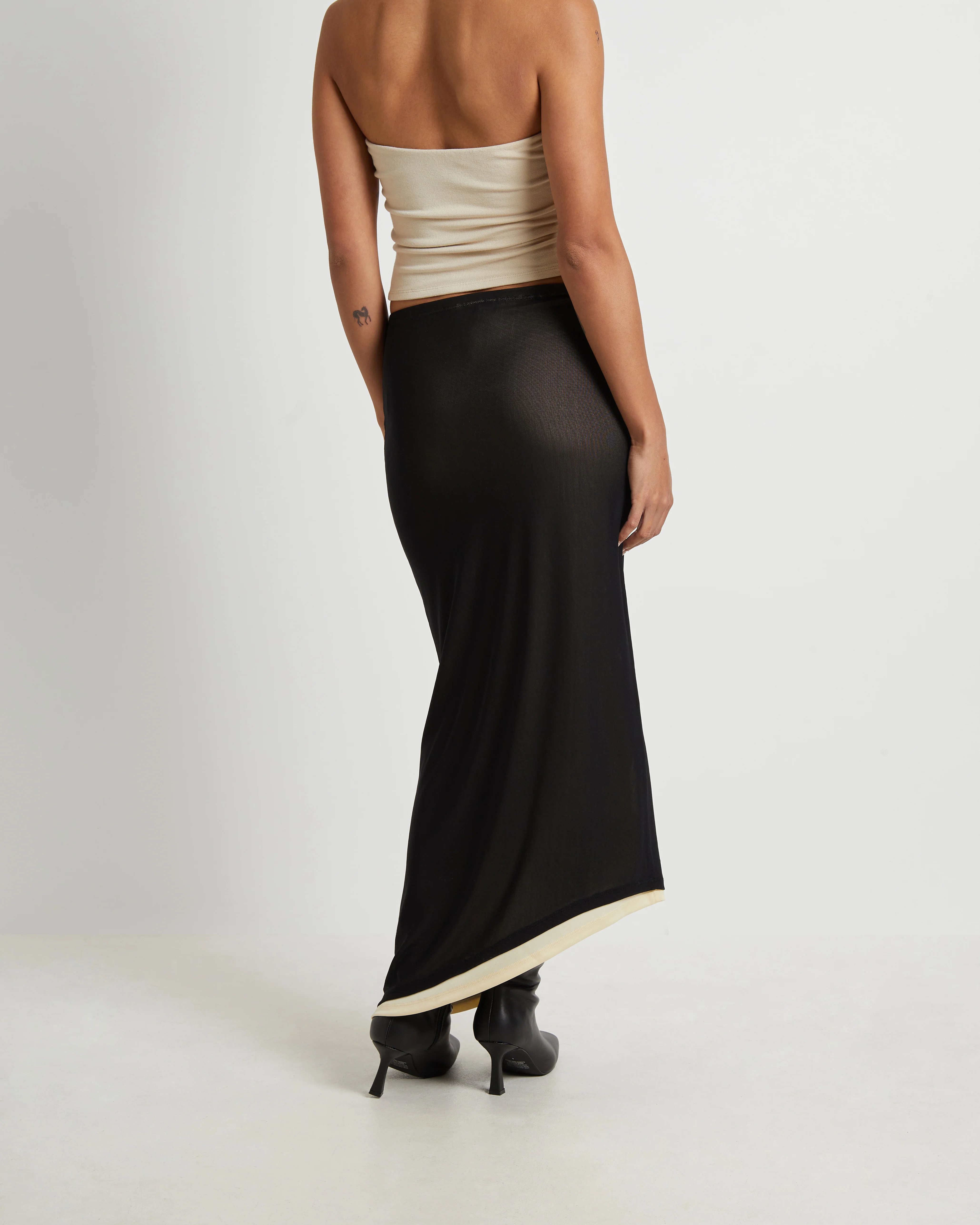 Amerie Asymmetric Hem Contrast Mesh Midi Skirt in Black - Image 2