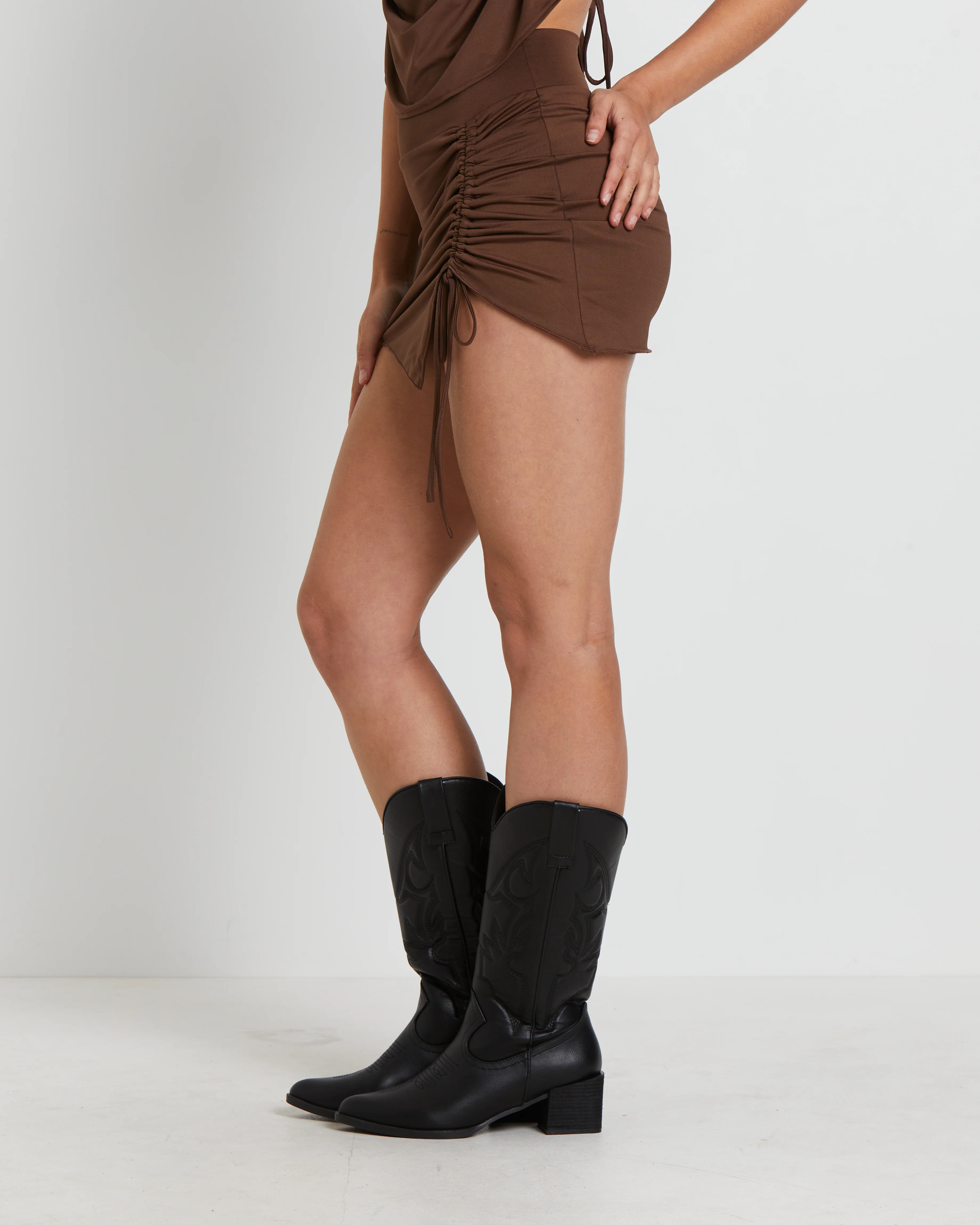 Amity Asymmetric Hem Ruched Mini Skirt in Brown - Image 4