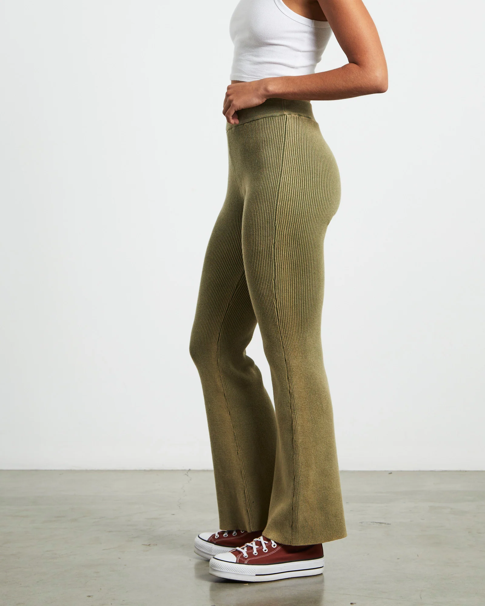 Angelique Acid Wash Rib Soft Flare Pant in Khaki - Image 4