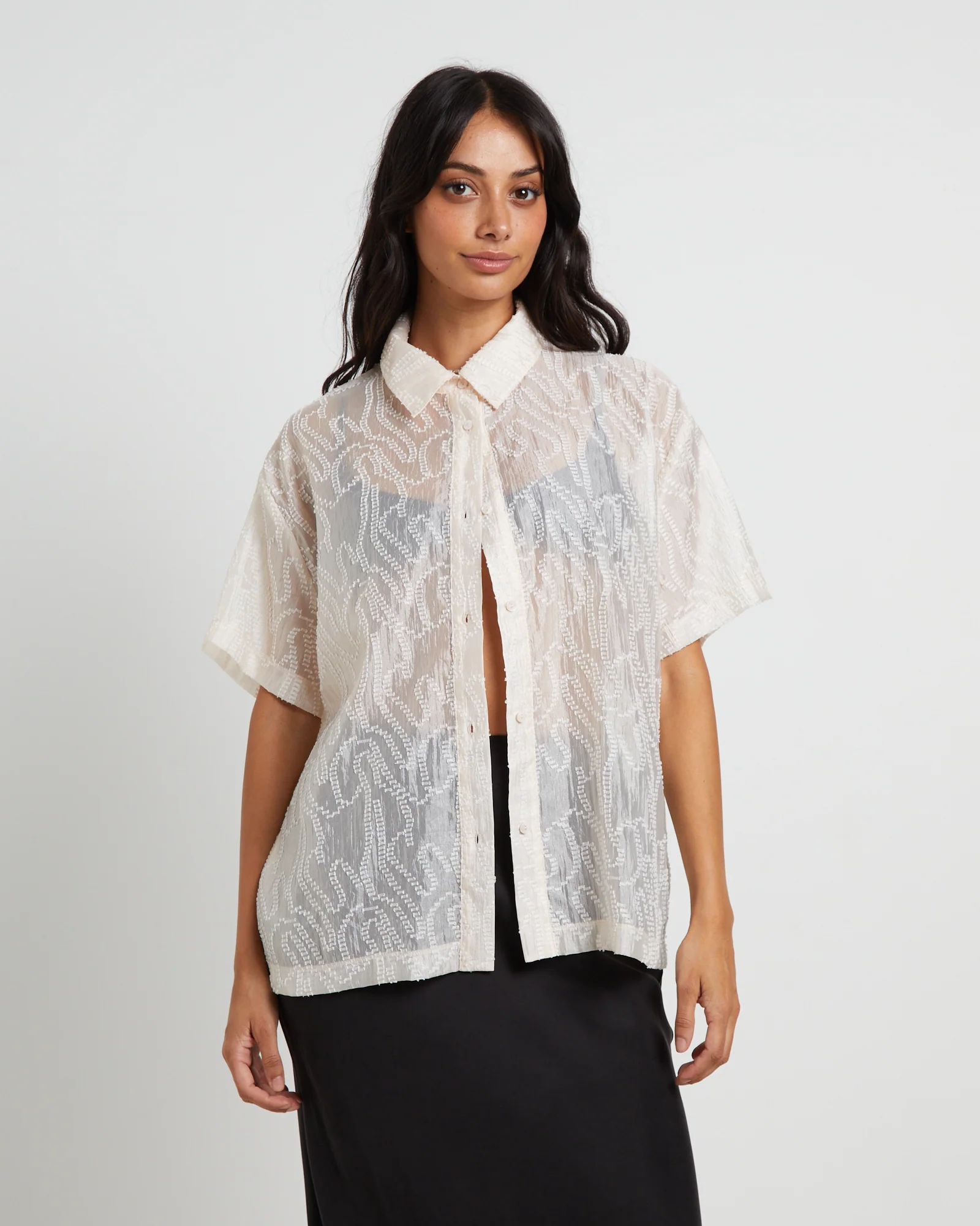 Avery Sheer Textured Short Sleeve Shirt in White