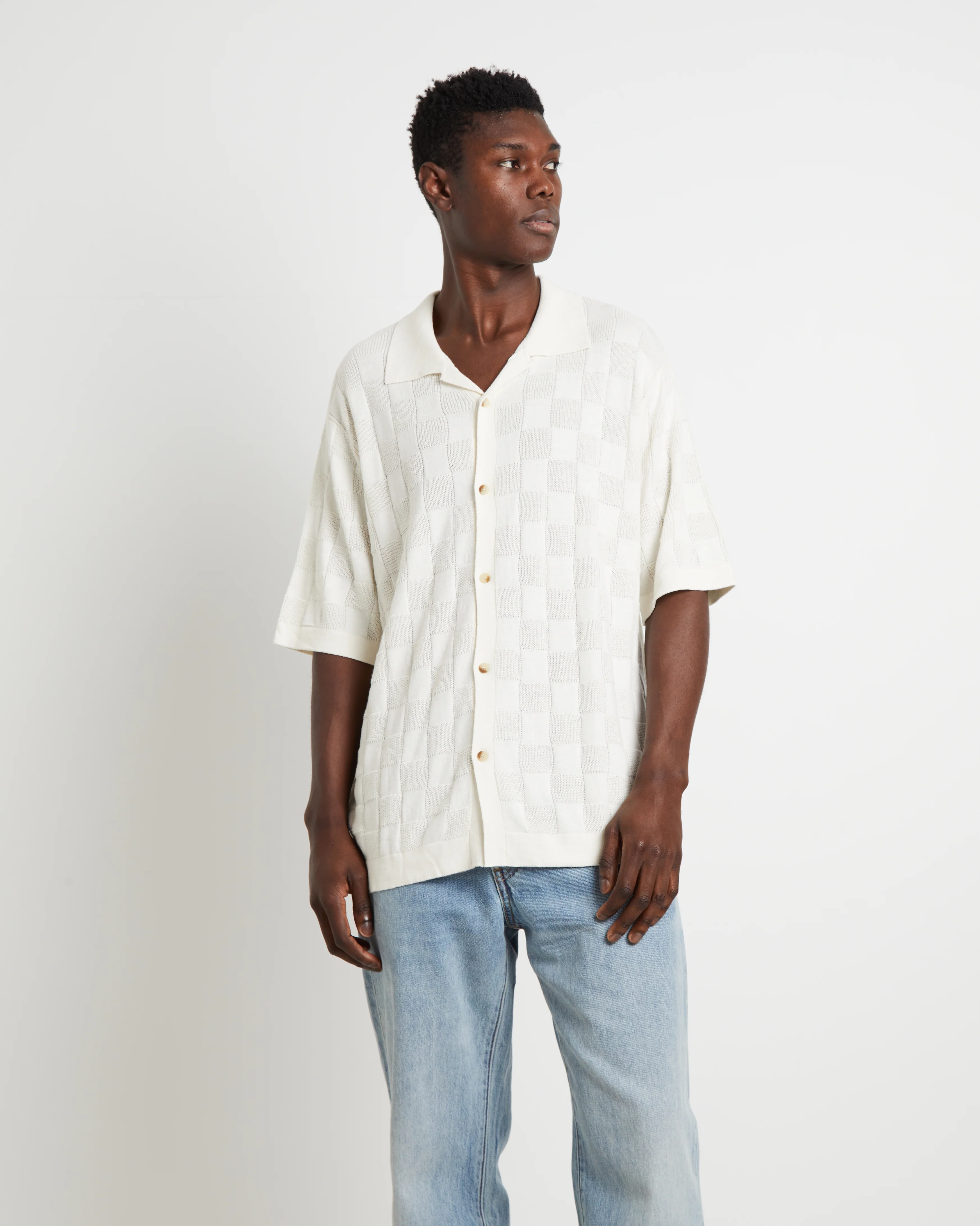 Checker Knit Short Sleeve Shirt in Natural
