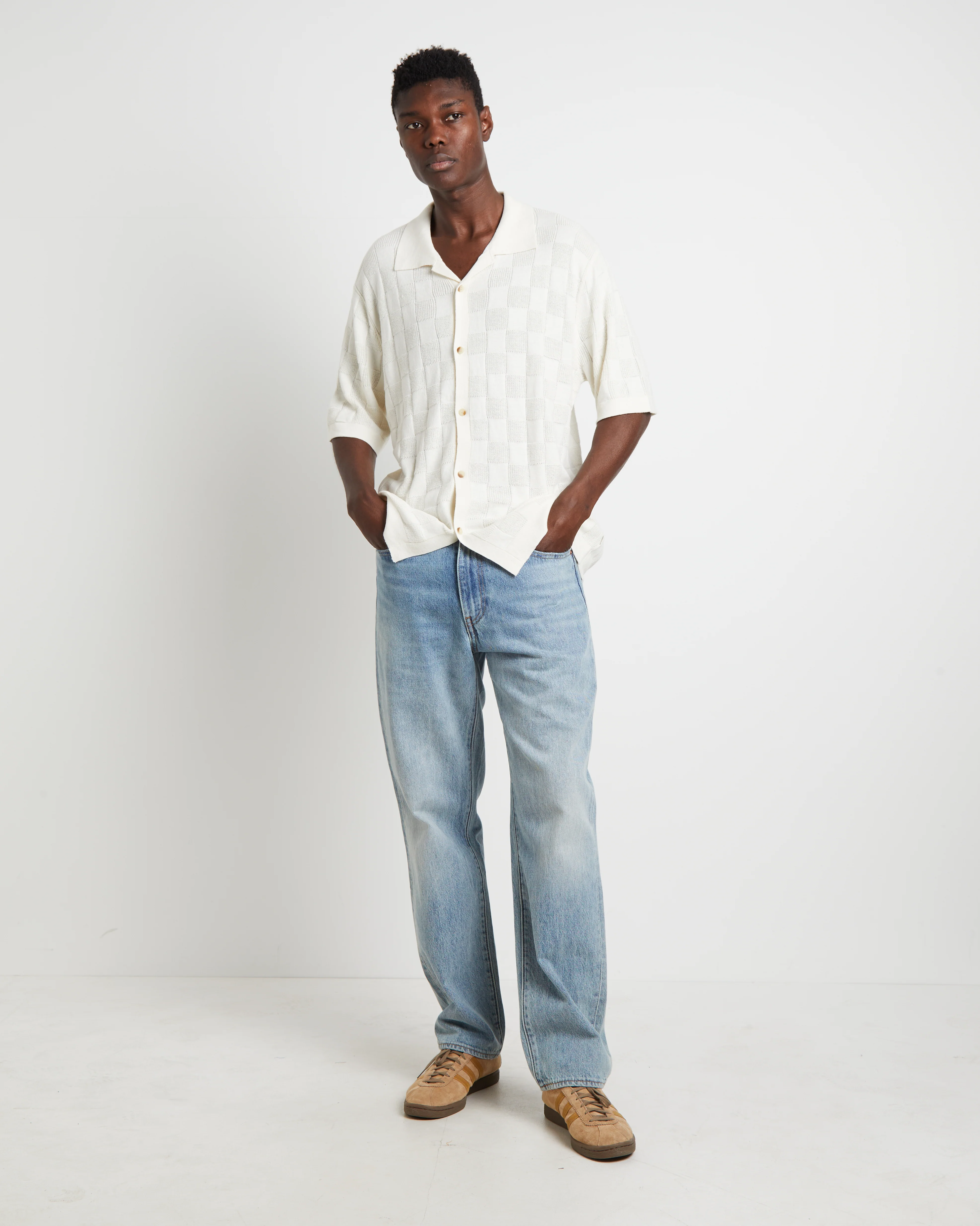 Checker Knit Short Sleeve Shirt in Natural - Image 3