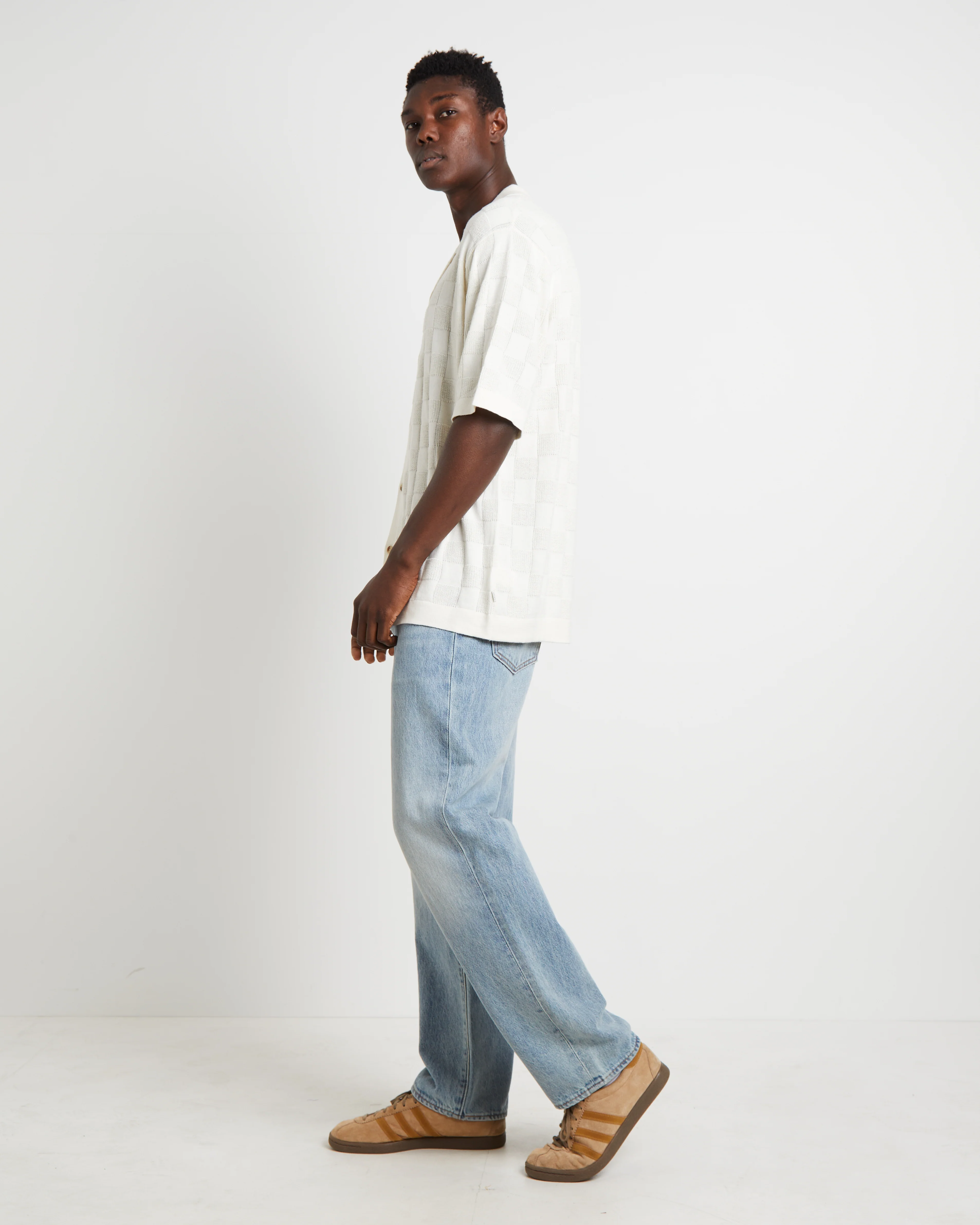 Checker Knit Short Sleeve Shirt in Natural - Image 4