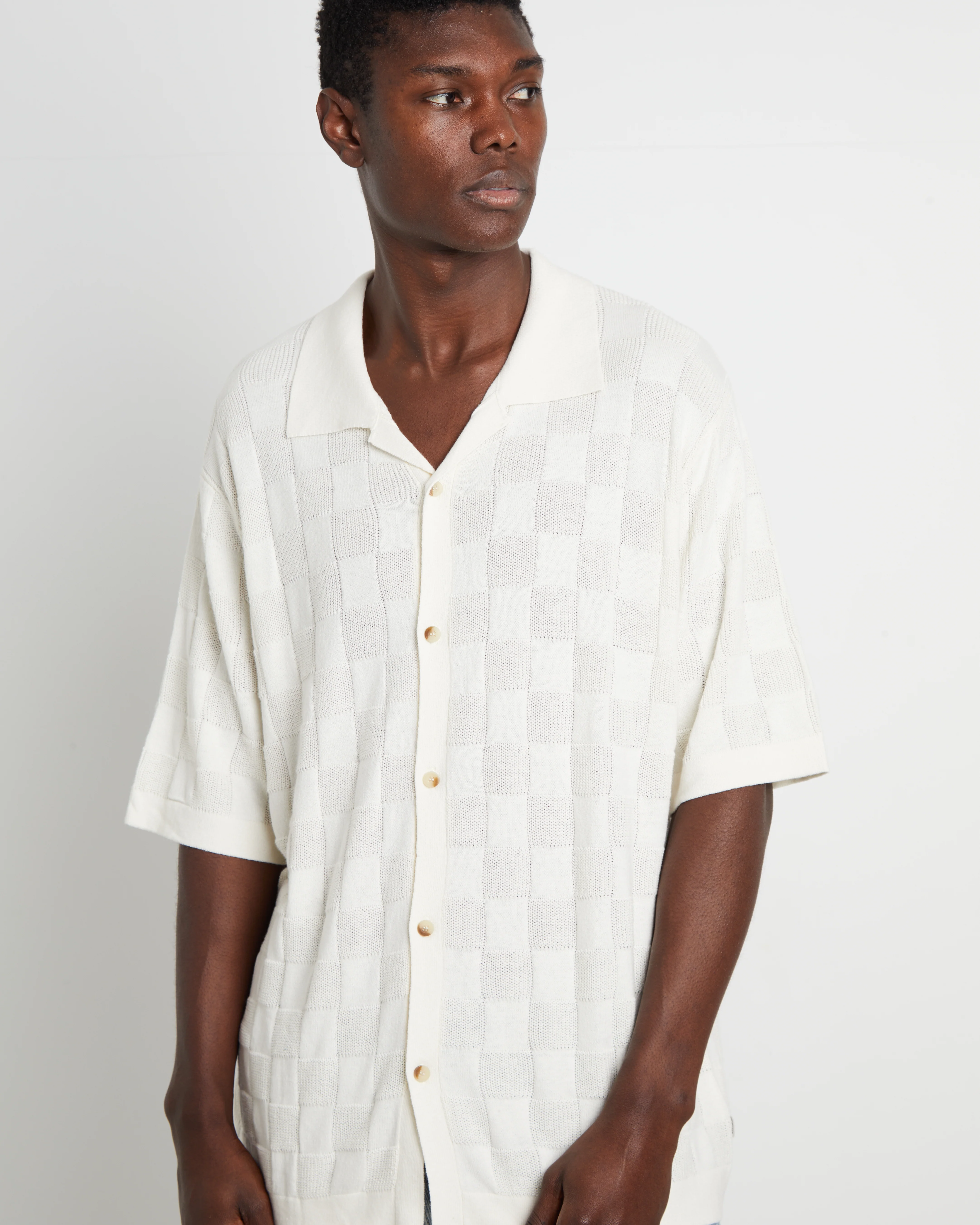 Checker Knit Short Sleeve Shirt in Natural - Image 5