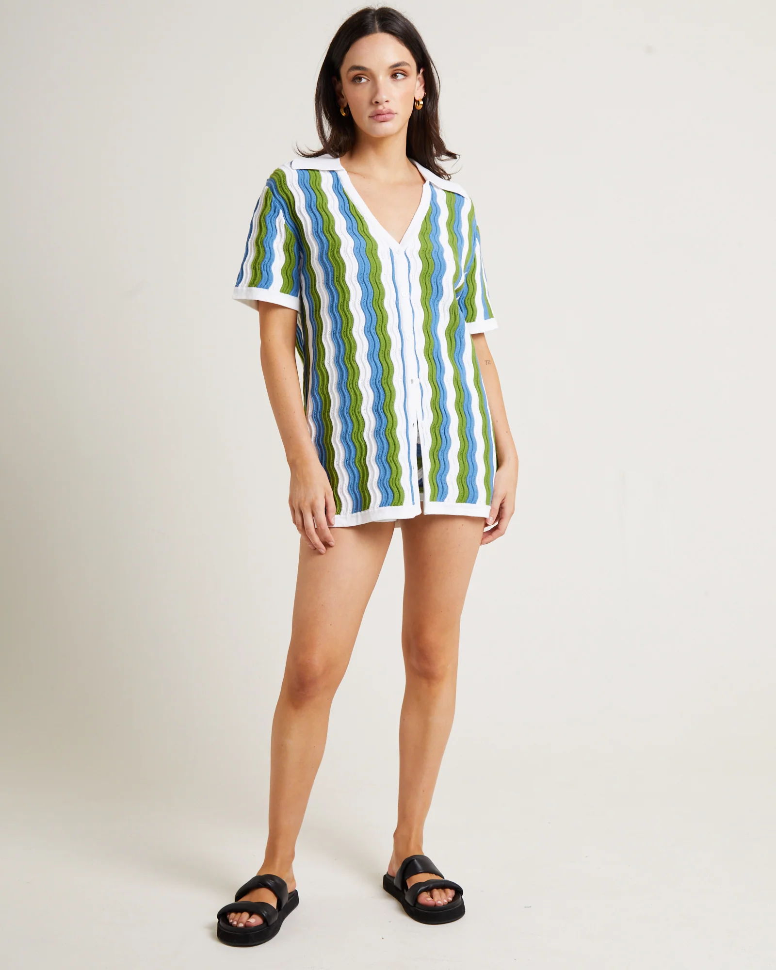Cher Knit Shirt Dress in Blue - Image 3