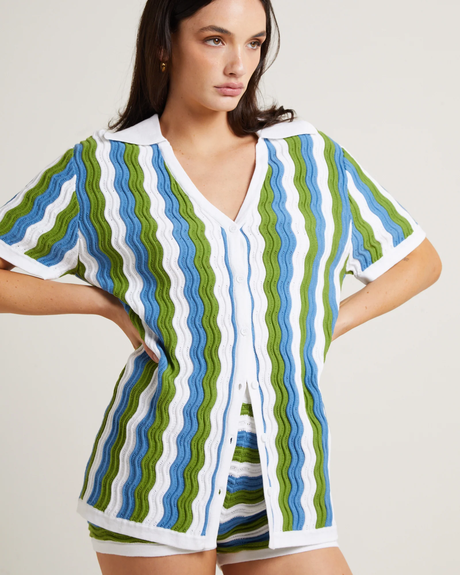 Cher Knit Shirt Dress in Blue - Image 5