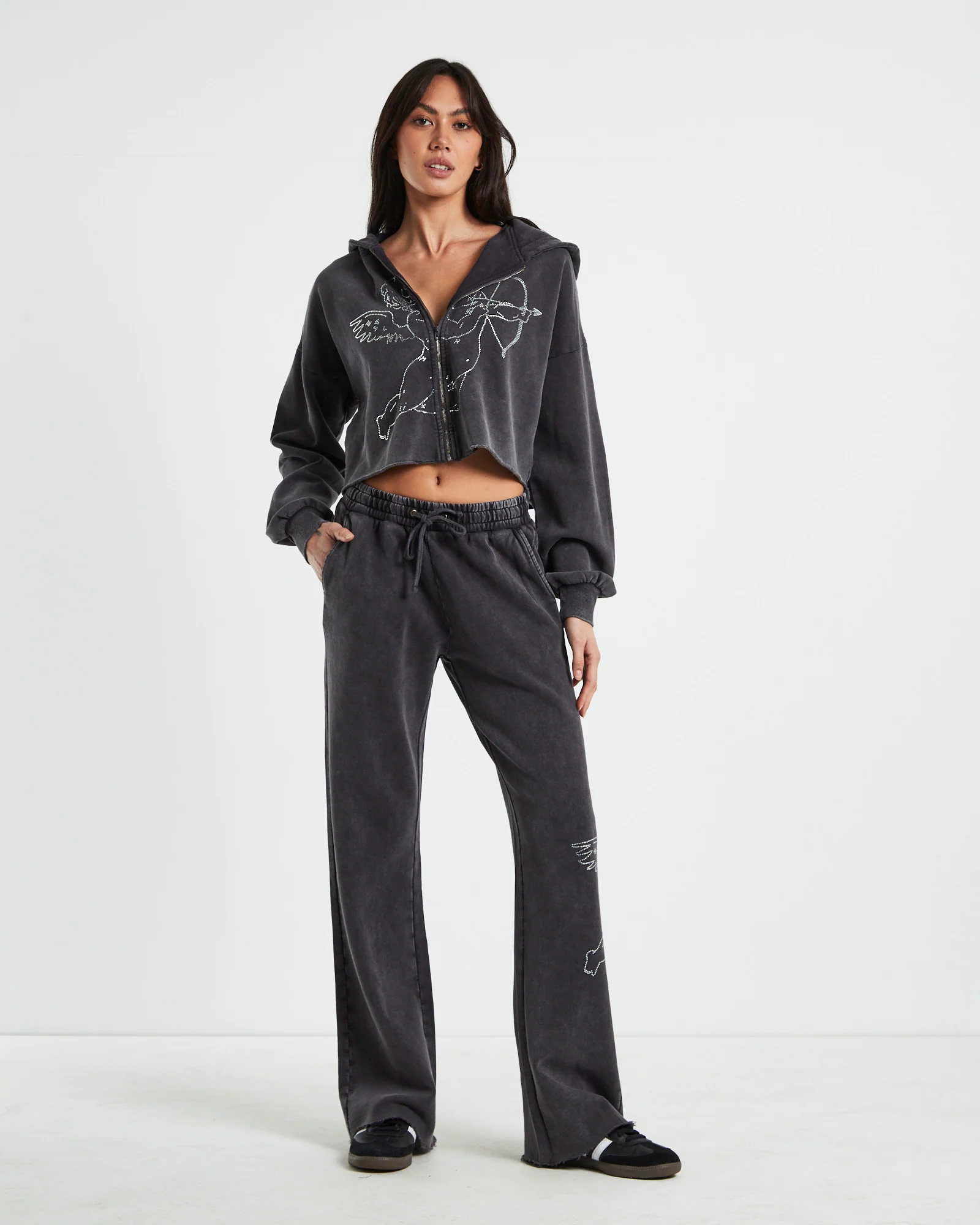 Cherub Acid Wash Zip Front Hoodie Charcoal - Image 3