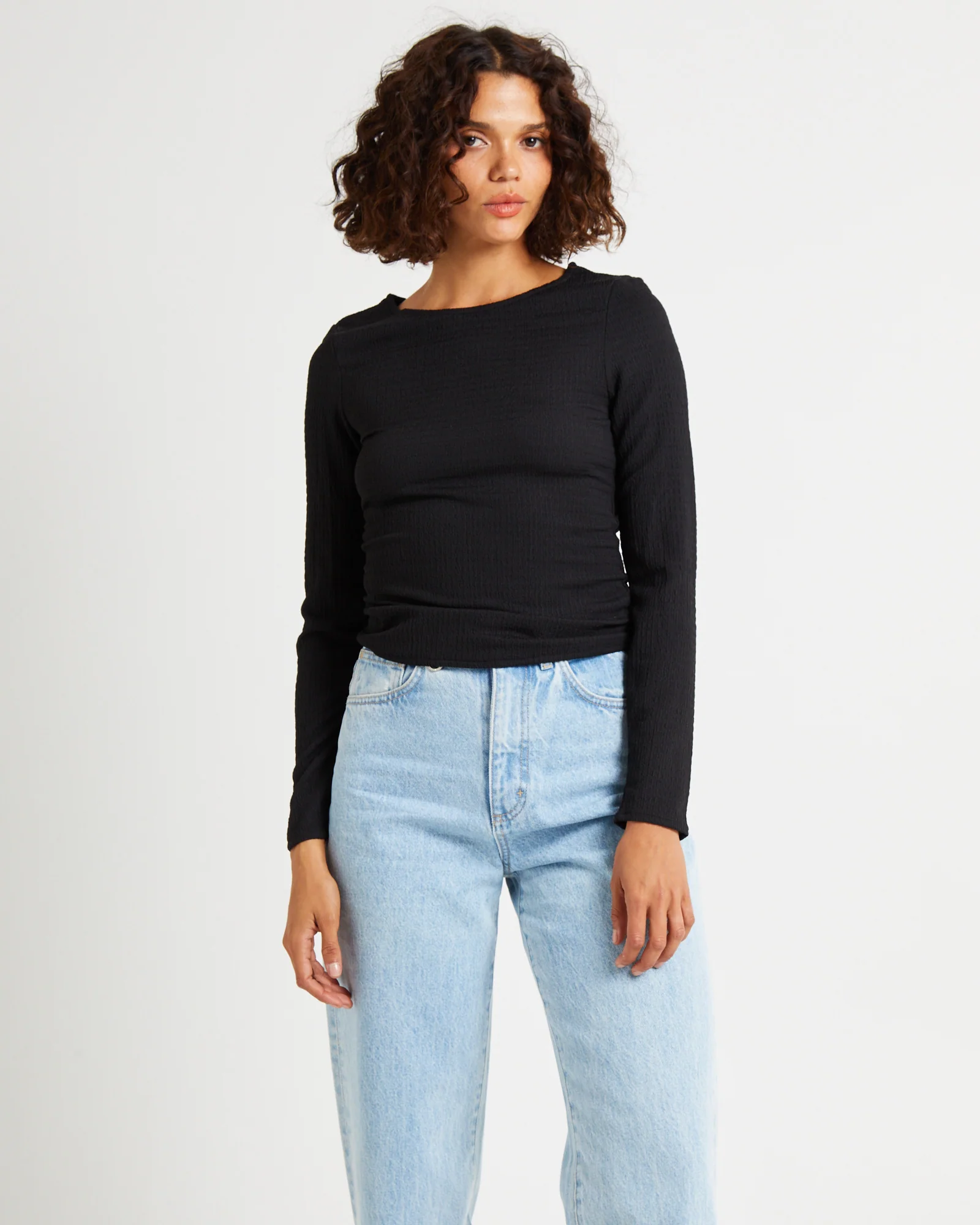 Crinkle Long Sleeve Top Black