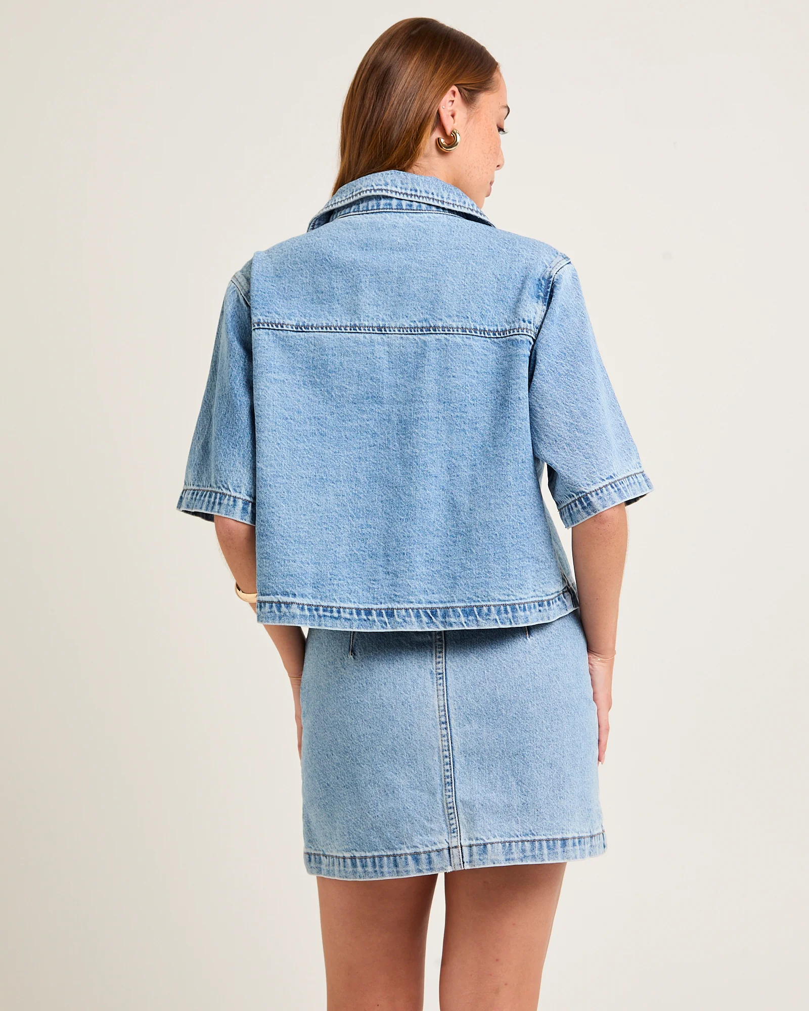 Cropped Resort Shorts Sleeved Denim Shirt - Image 2