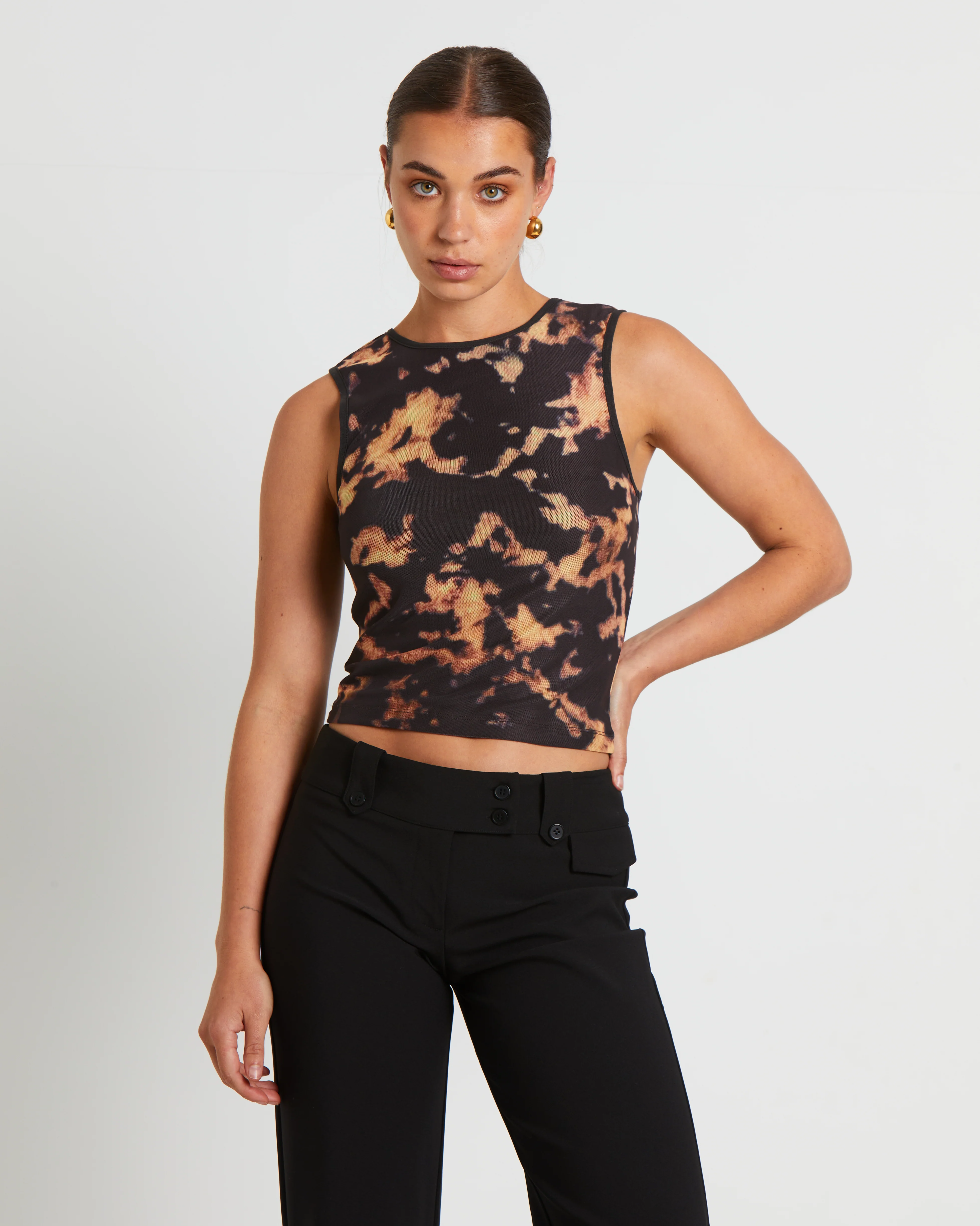 Dark Cloud Mesh Cut Off Tank Top in Brown - Image 6