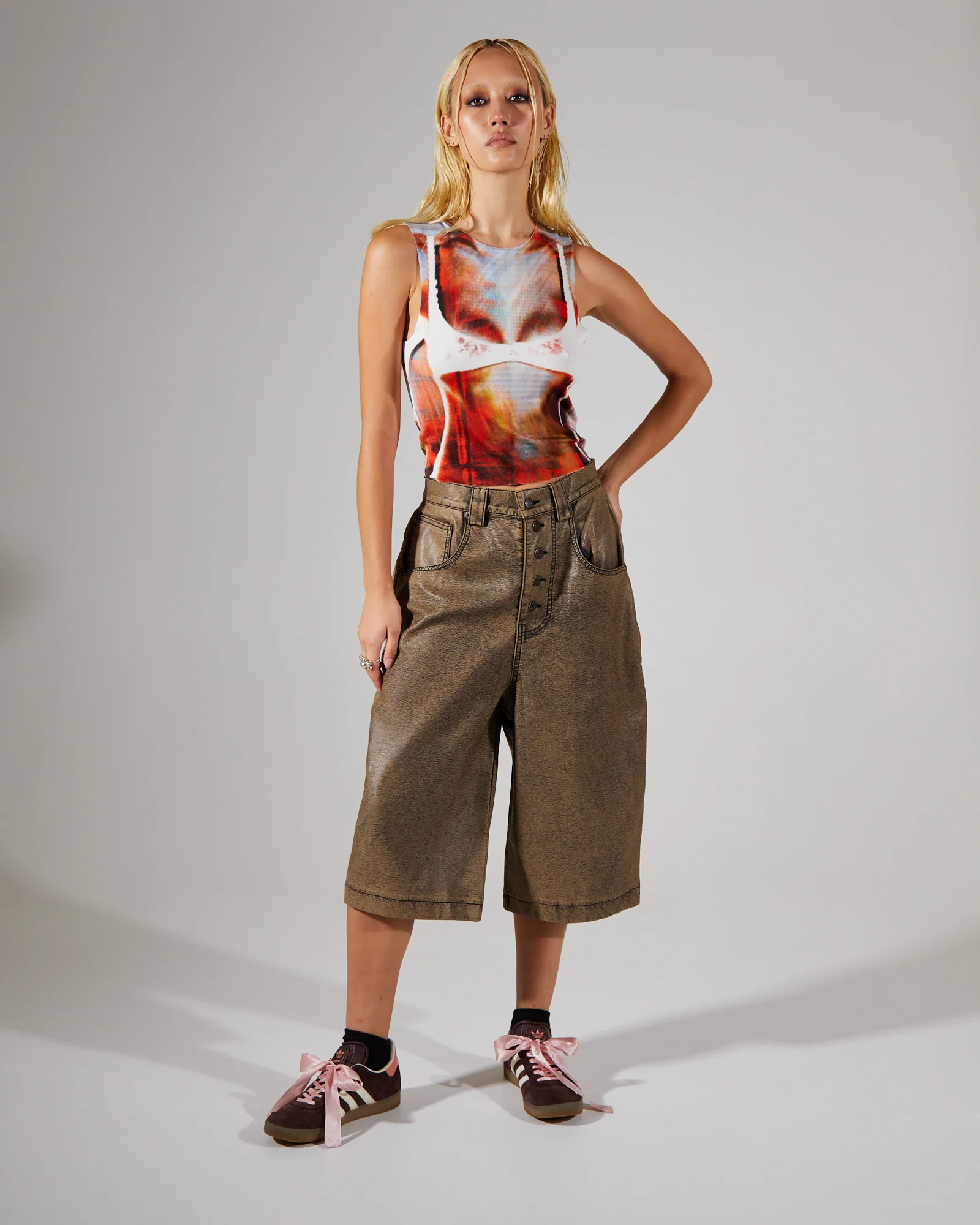 Distressed PU Jorts Brown - Image 3
