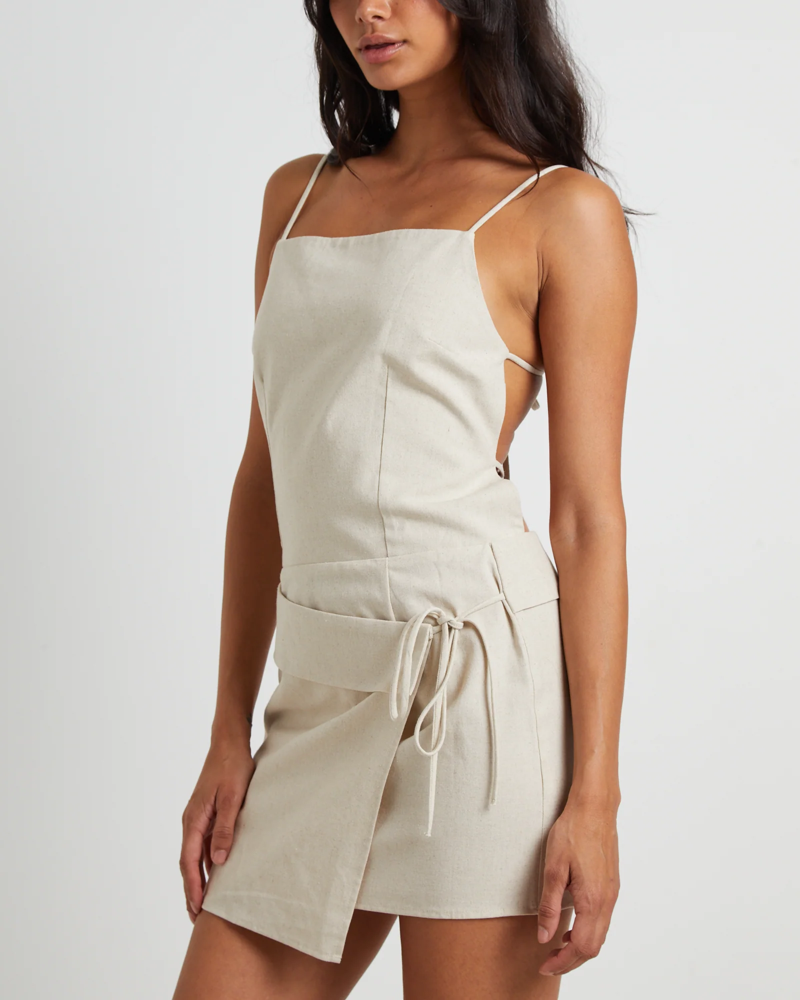 Eden Backless Linen Mini Dress in Oat Marle - Image 5