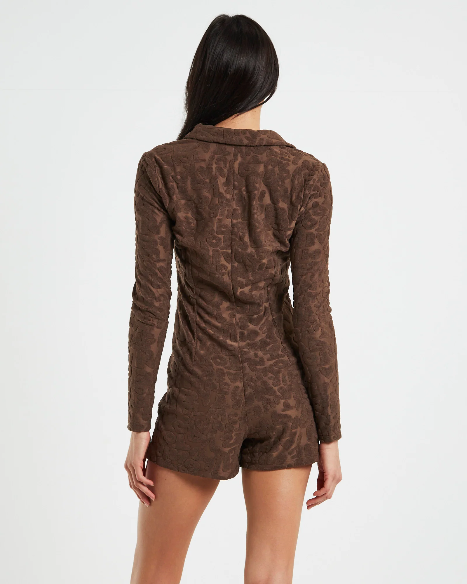 Elori Jacquard Terry Long Sleeve Romper in Brown - Image 2