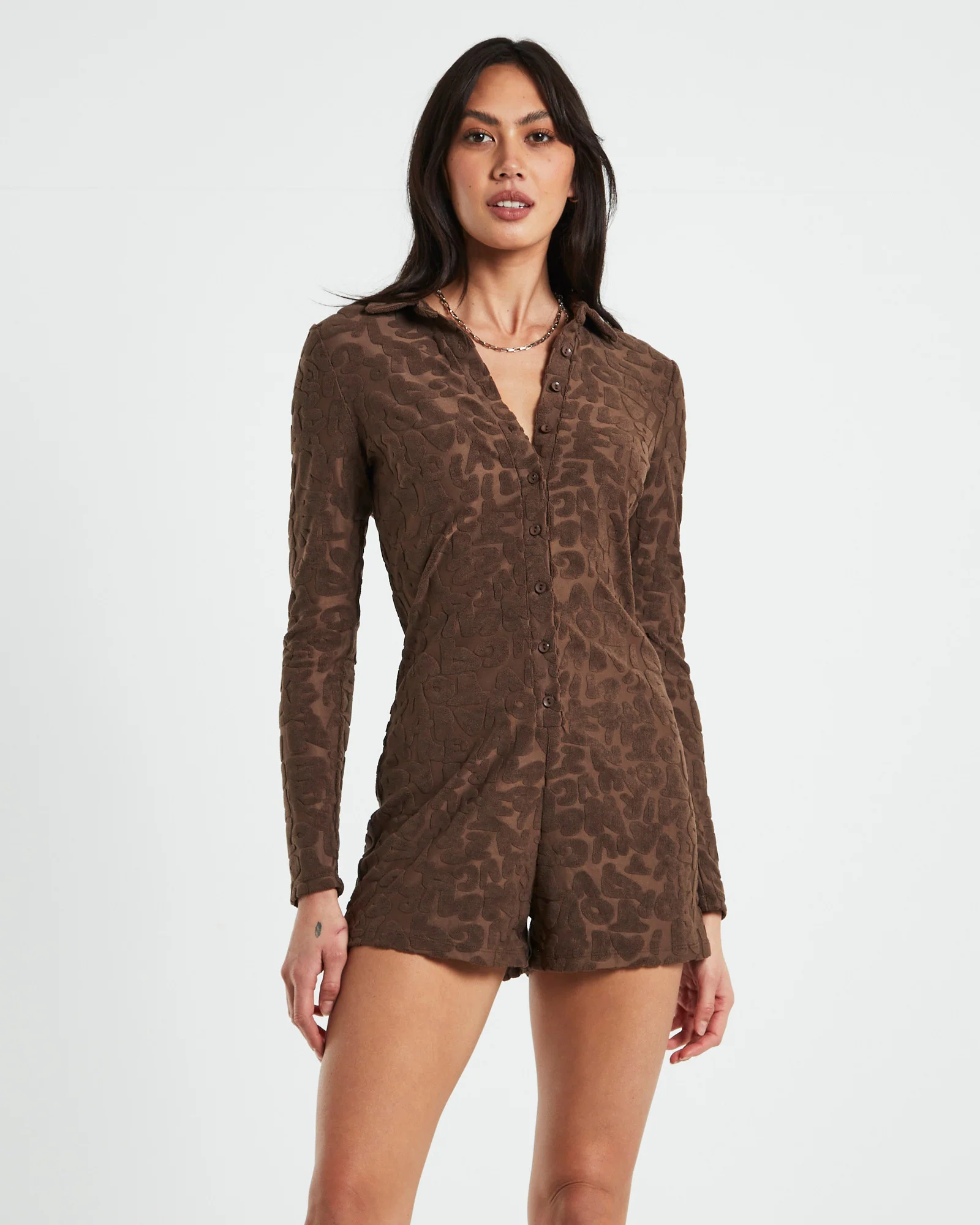 Elori Jacquard Terry Long Sleeve Romper in Brown - Image 5