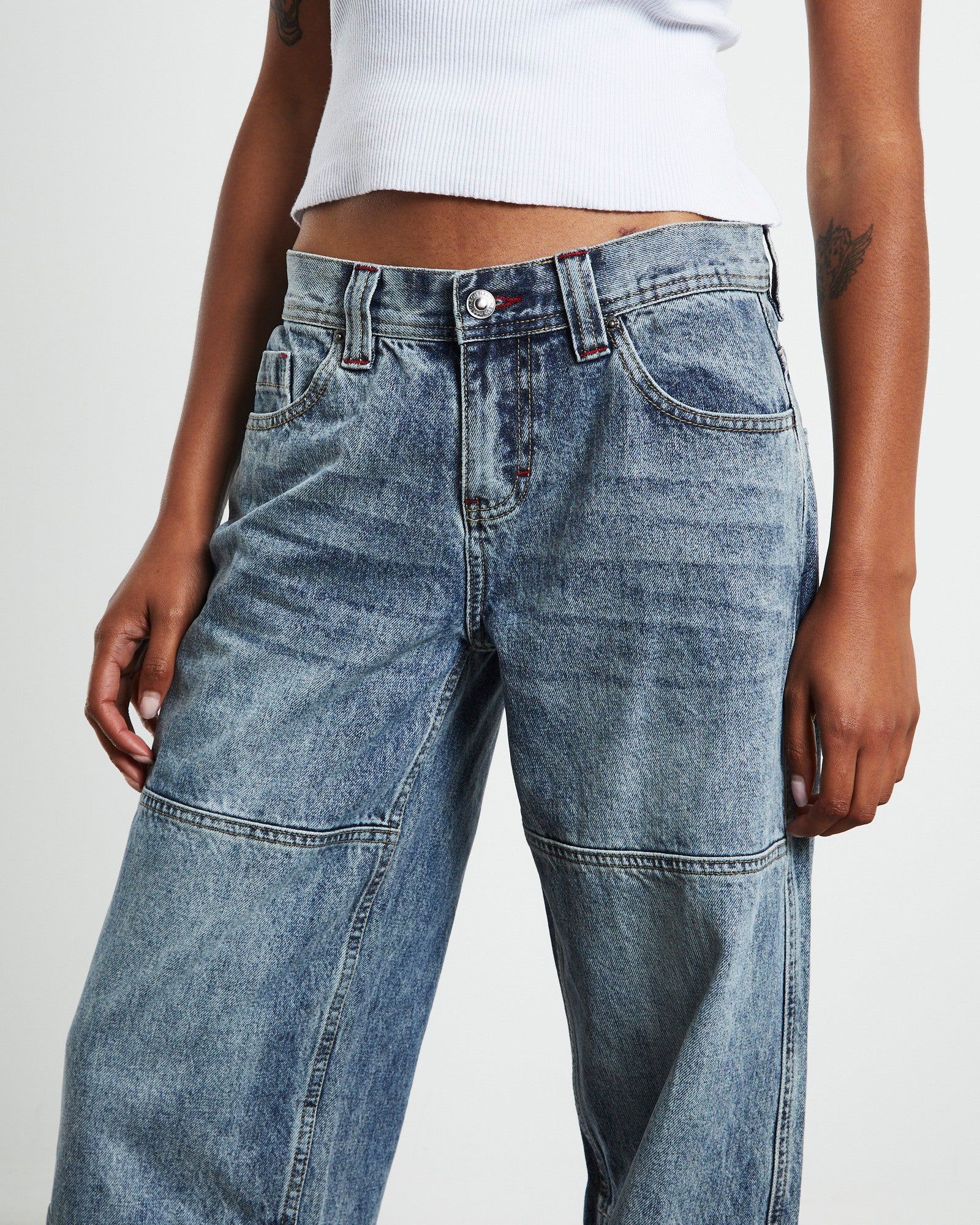 Emison Low Rise Paneled Straight Leg Jeans Faded Stone Wash Blue - Image 5