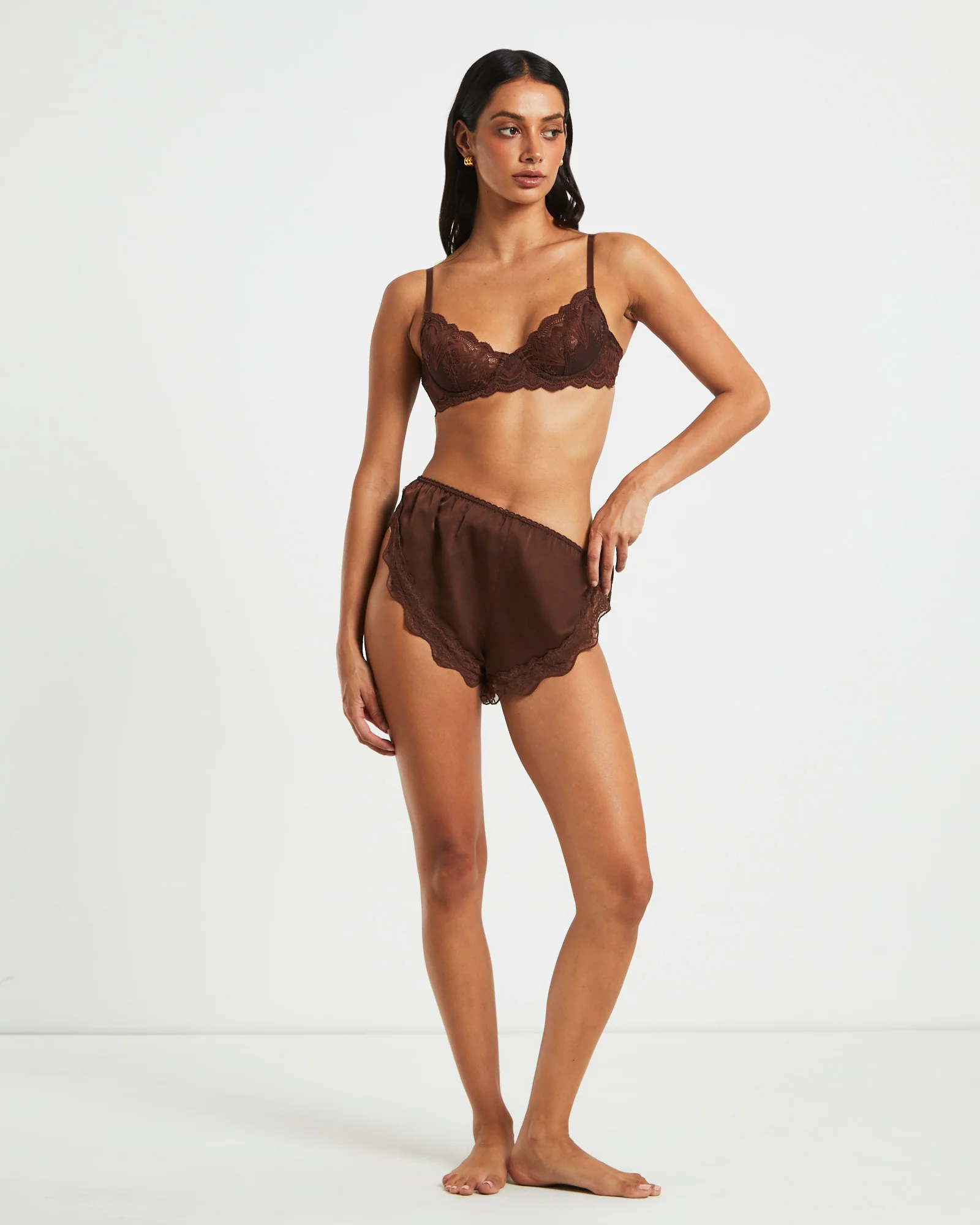 Exie Cheeky Runner Silky Shorts in Chocolate Brown - Image 3