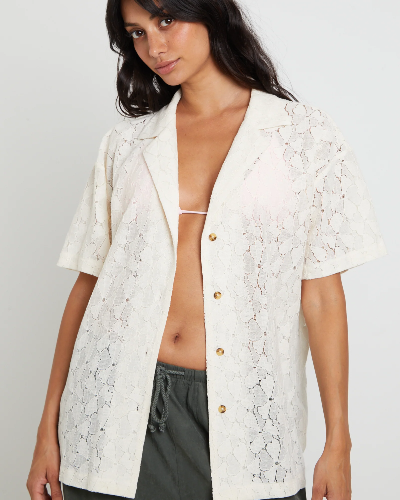Fade Lace Short Sleeve Shirt in Cream - Image 6