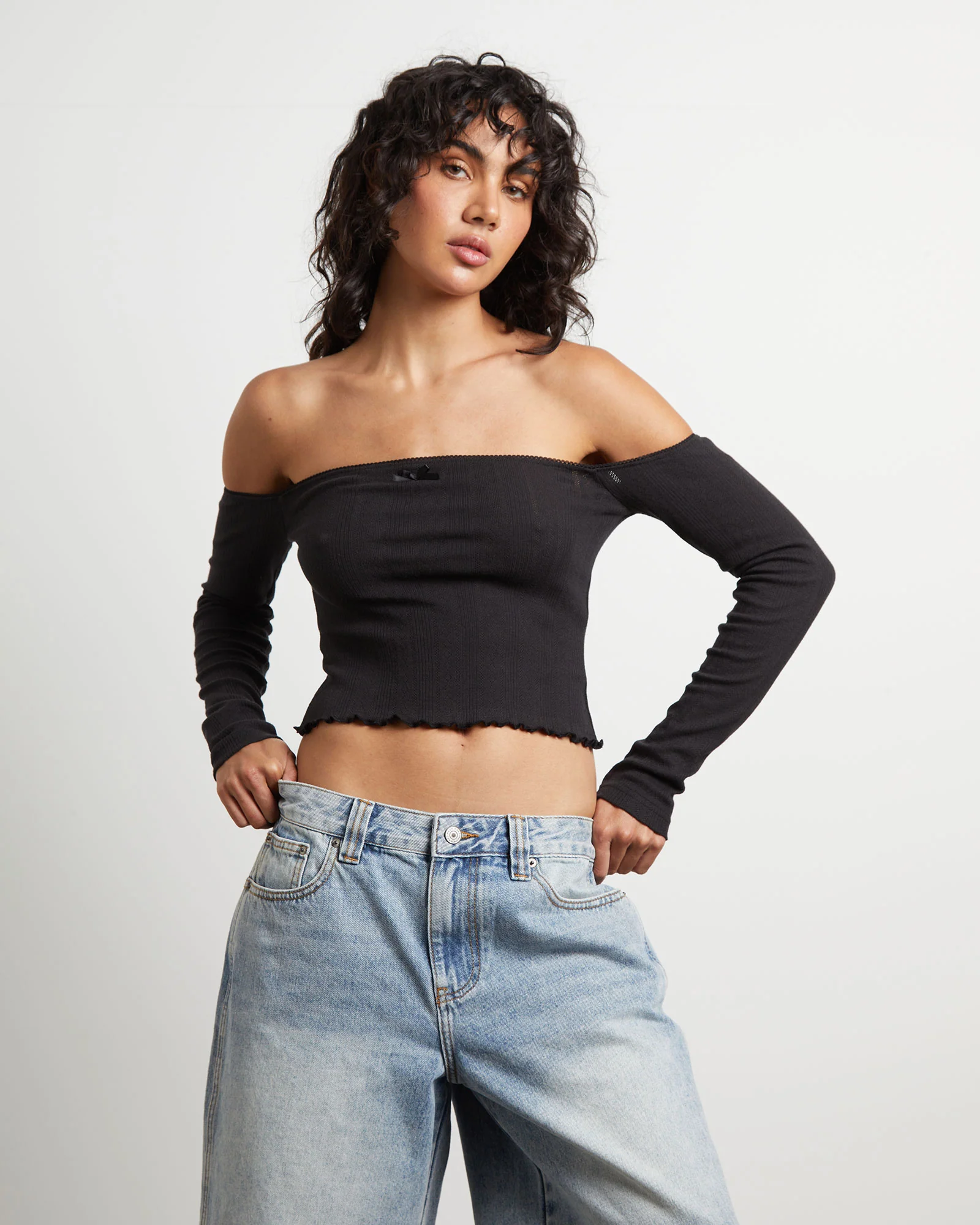 Fate Pointelle Cold Shoulder Tube Top in Black - Image 5