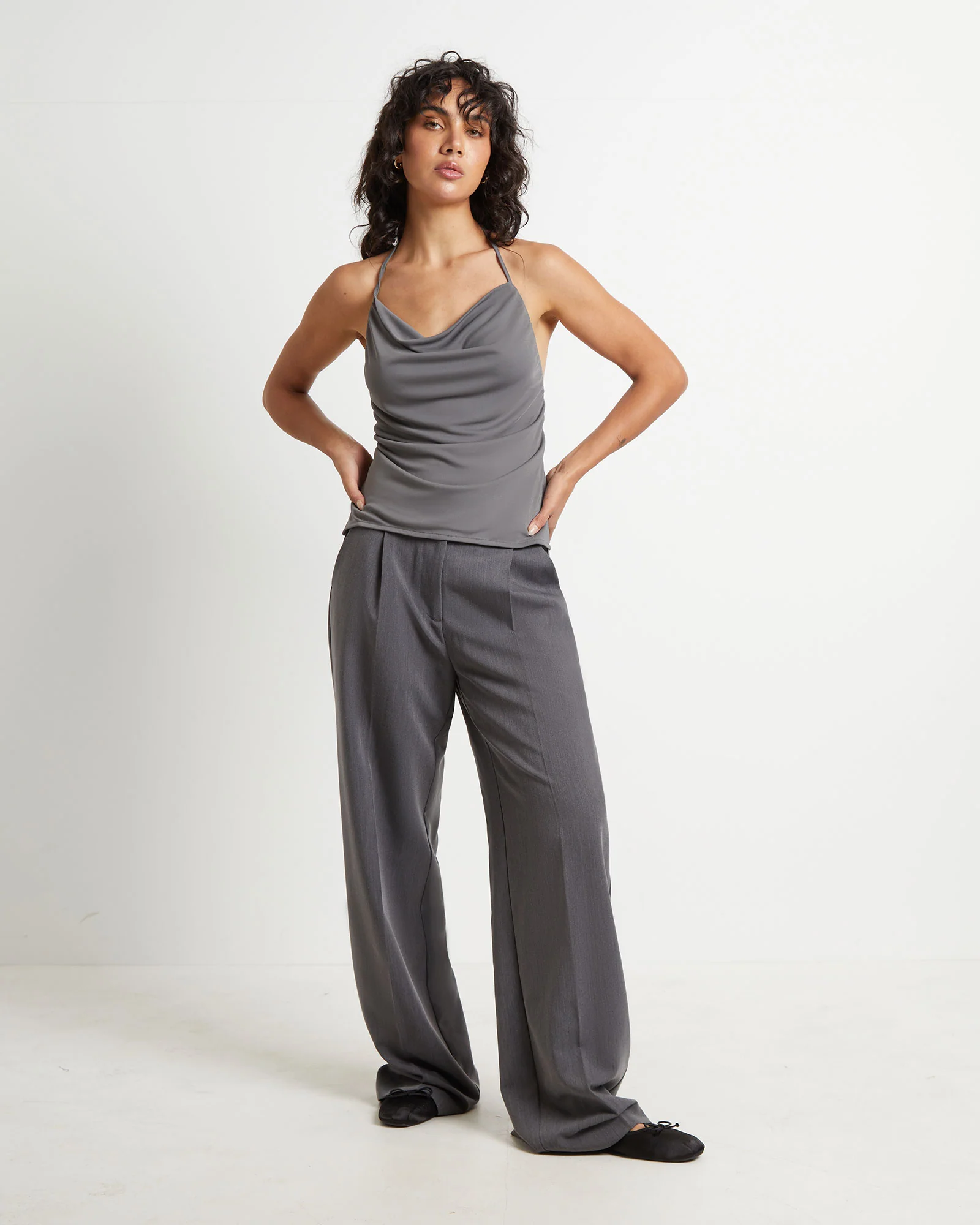 Frankie Slinky Cowl Neck Halter Top in Slate Grey - Image 3