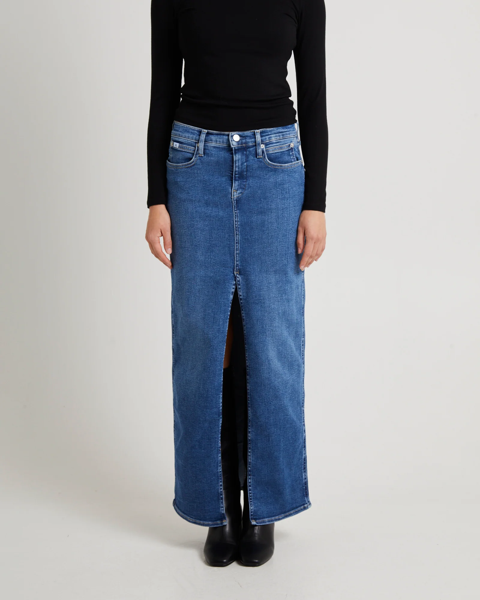 Front Split Hem Denim Maxi Skirt