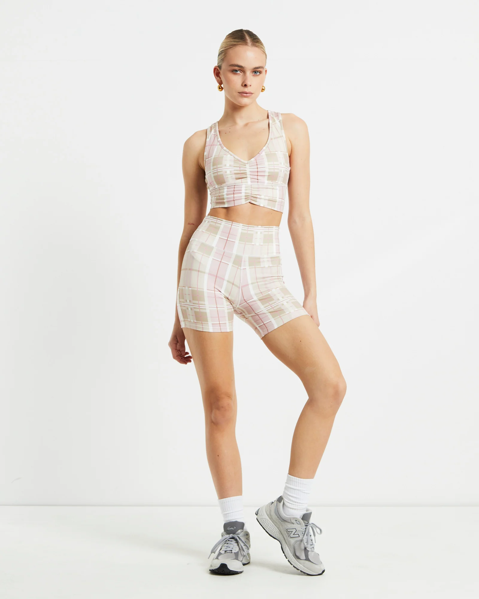 Gather Front Crop Top in Pink Check - Image 3