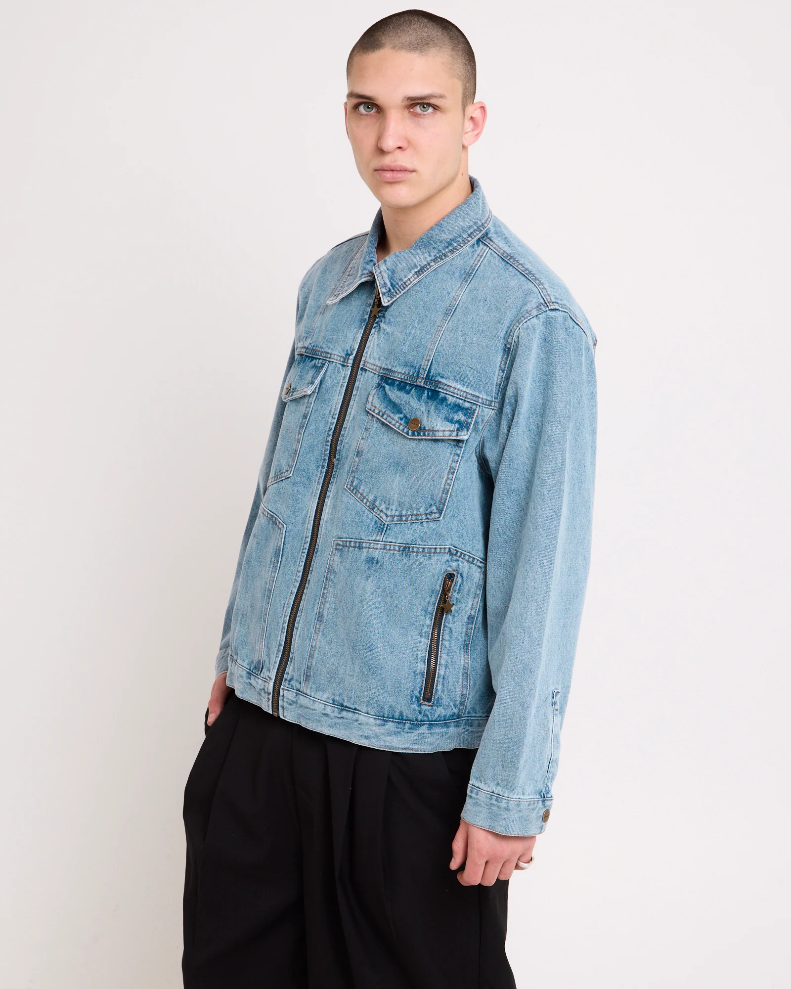 Halls Cropped Harrington Denim Jacket - Image 5