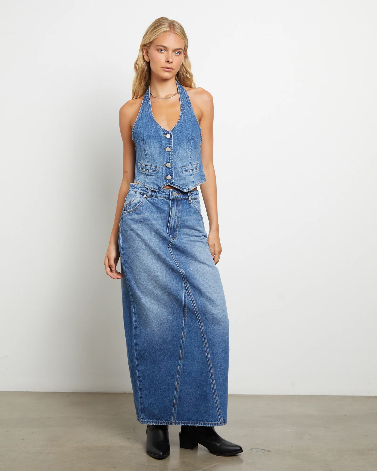 Halter Denim Vest in Mid Vinatge Blue - Image 3