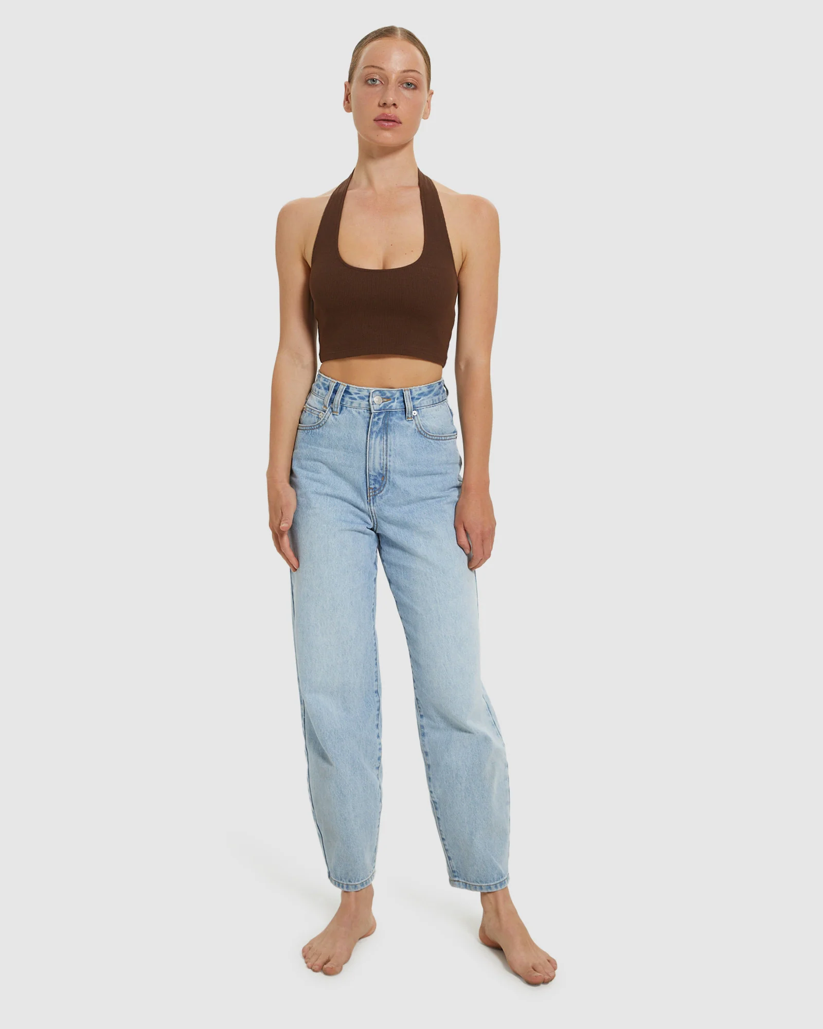 Halter Neck Rib Crop Top Chocolate Brown - Image 3
