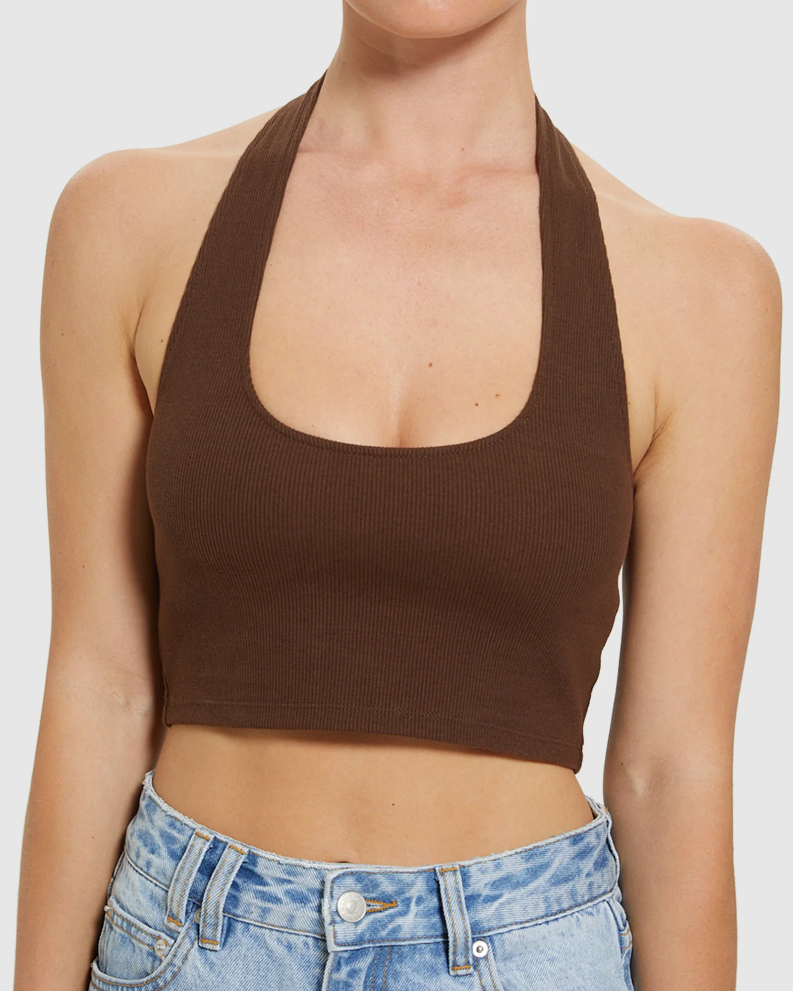 Halter Neck Rib Crop Top Chocolate Brown - Image 5