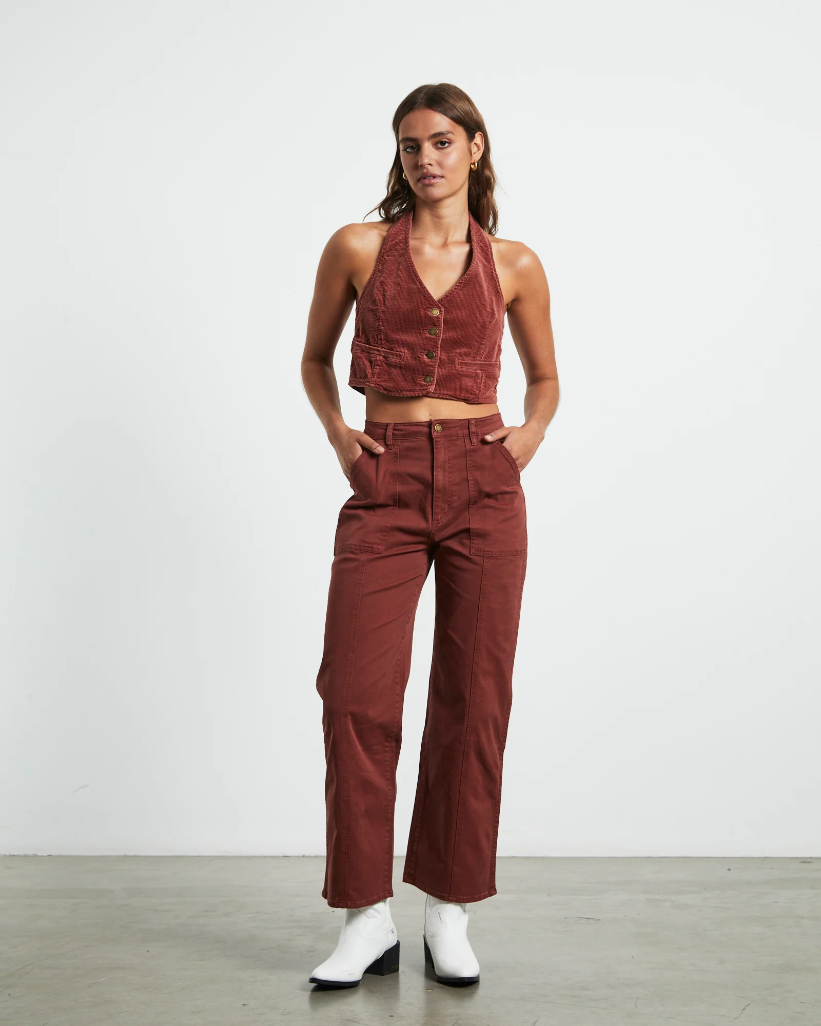 Halter Vest Top in Brick Cord - Image 3