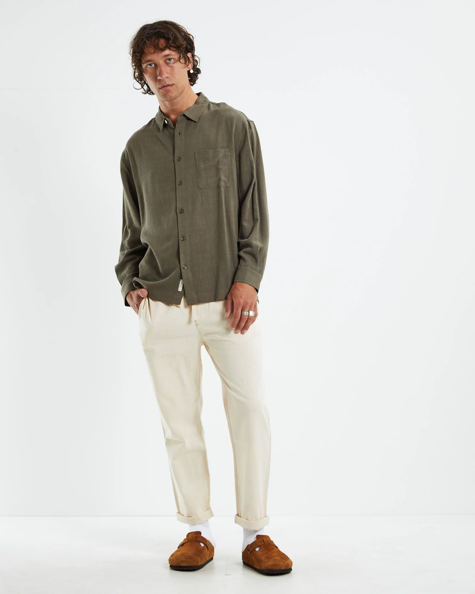 Harrison Linen Long Sleeve Shirt Olive Green - Image 3