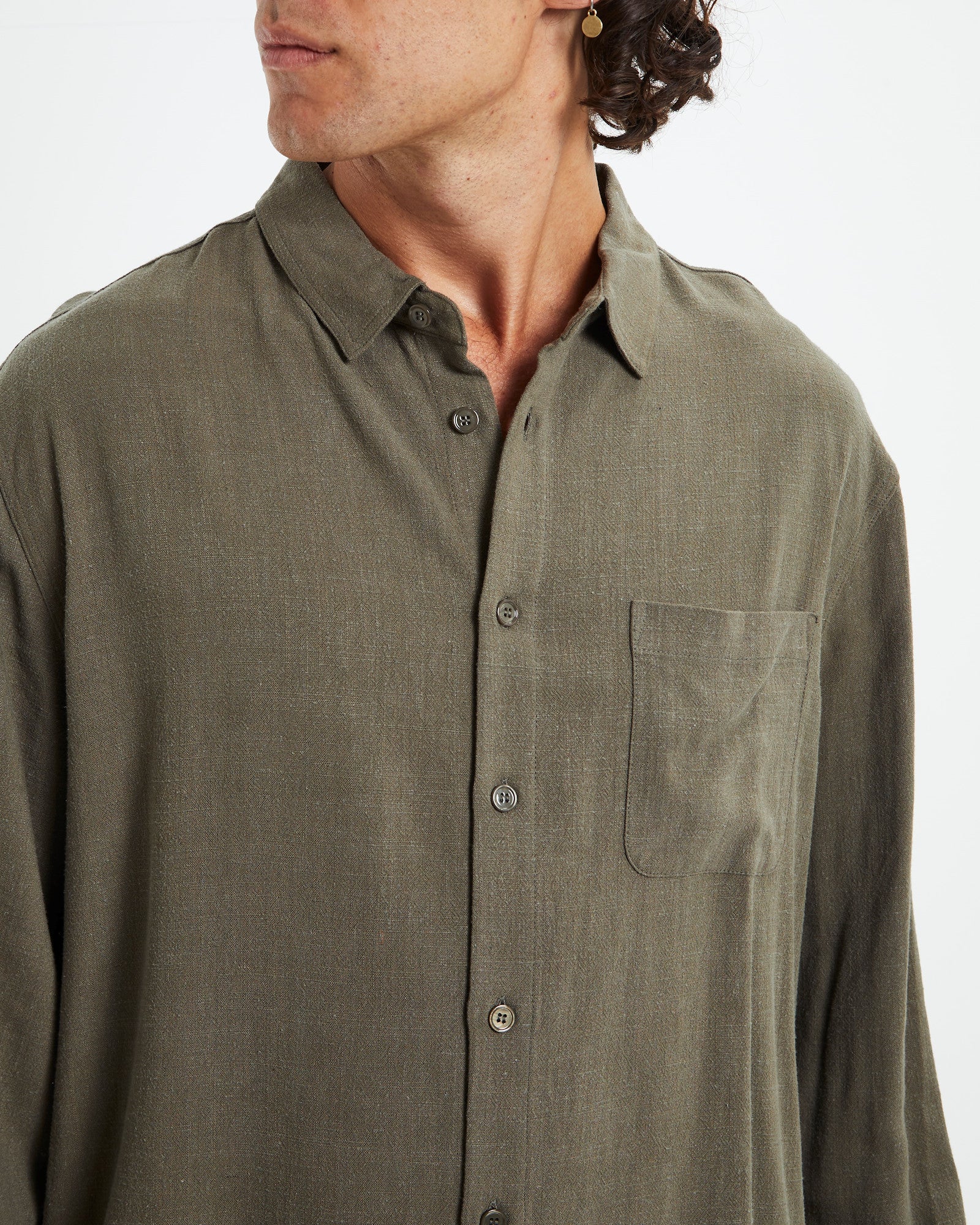 Harrison Linen Long Sleeve Shirt Olive Green - Image 6