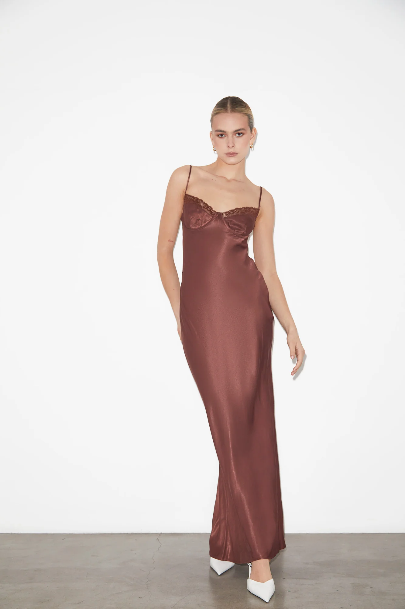 Heidi Lace Underwire Slip Maxi Dress in Chocolate Brown