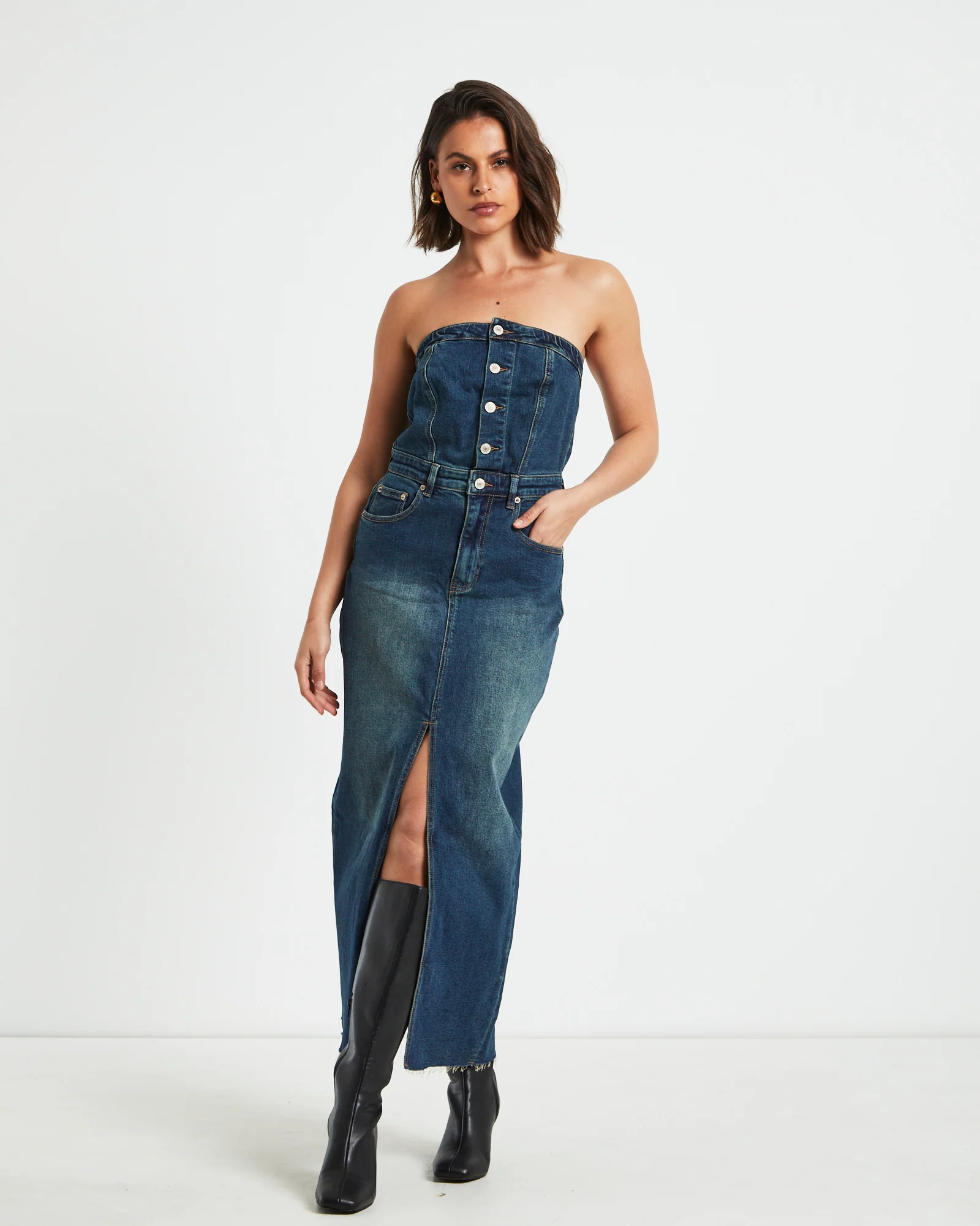 Howdy Denim Tube Midi Dress in Vintage Blue - Image 3