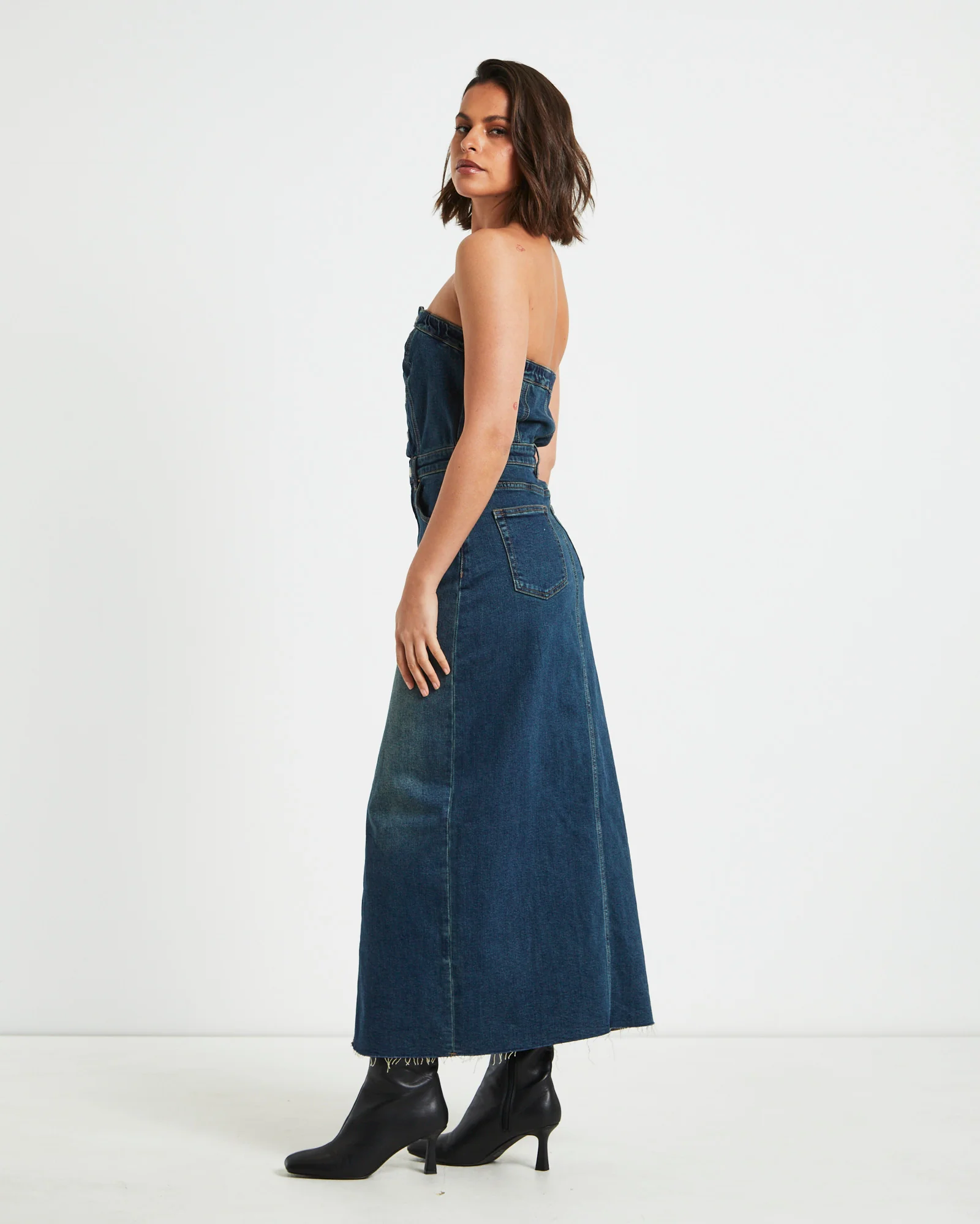 Howdy Denim Tube Midi Dress in Vintage Blue - Image 4