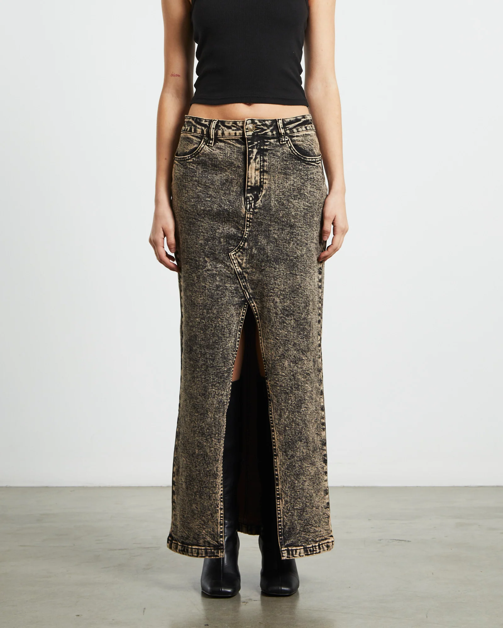 Ines Panel Black Midi Denim Skirt in Vintage Tint