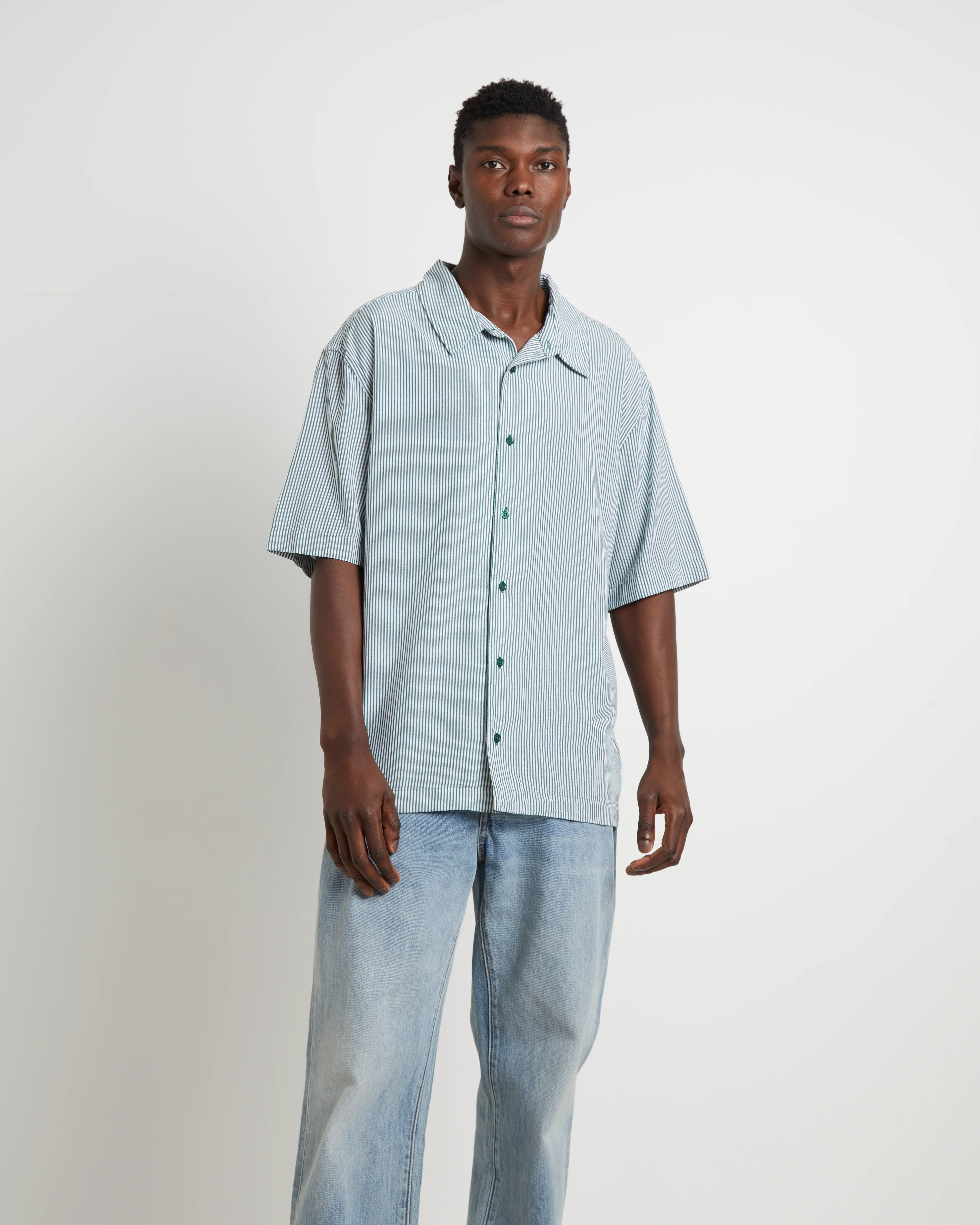 Intergalactic Cuban Short Sleeve Shirt in Emerald Stripe Green