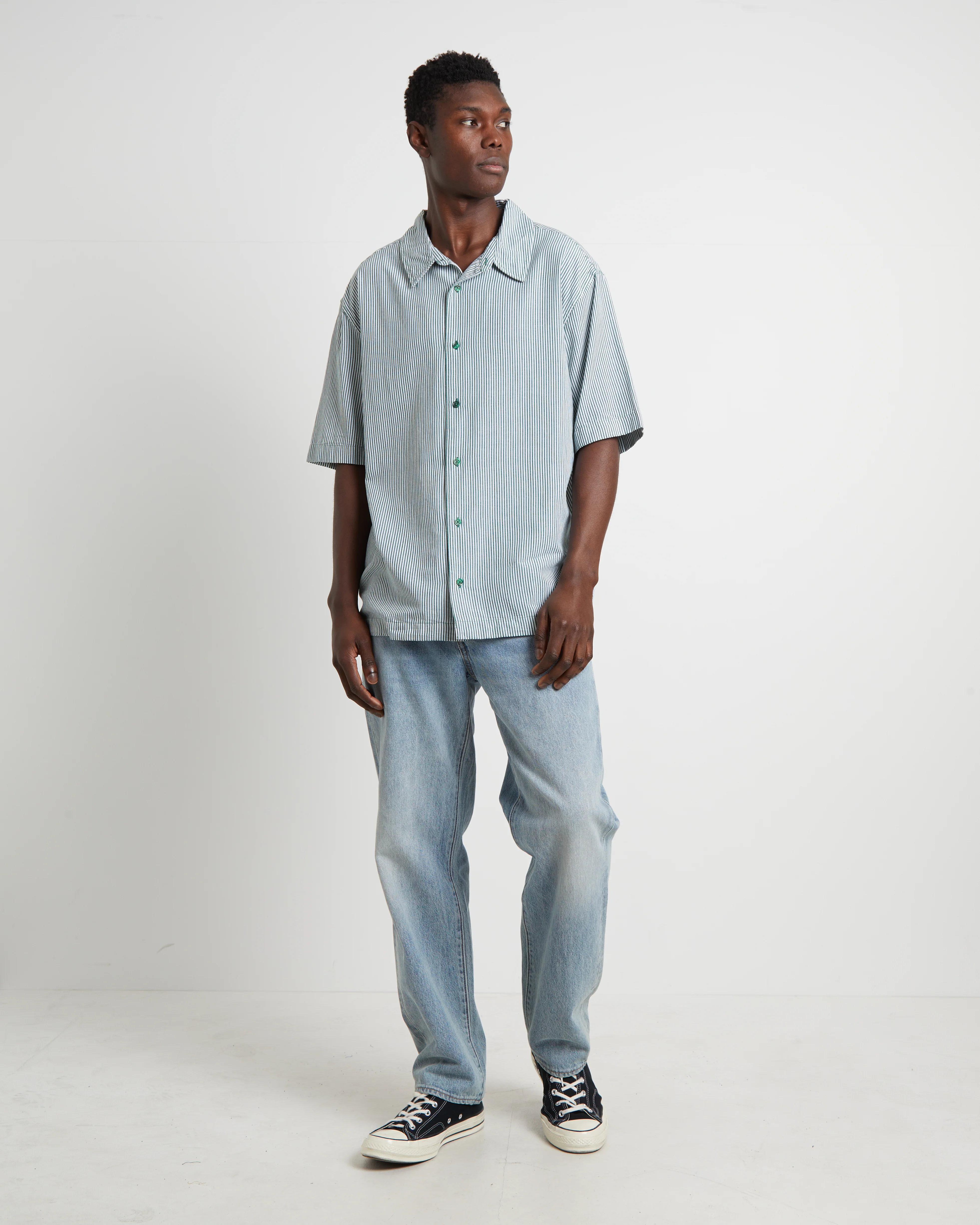 Intergalactic Cuban Short Sleeve Shirt in Emerald Stripe Green - Image 3