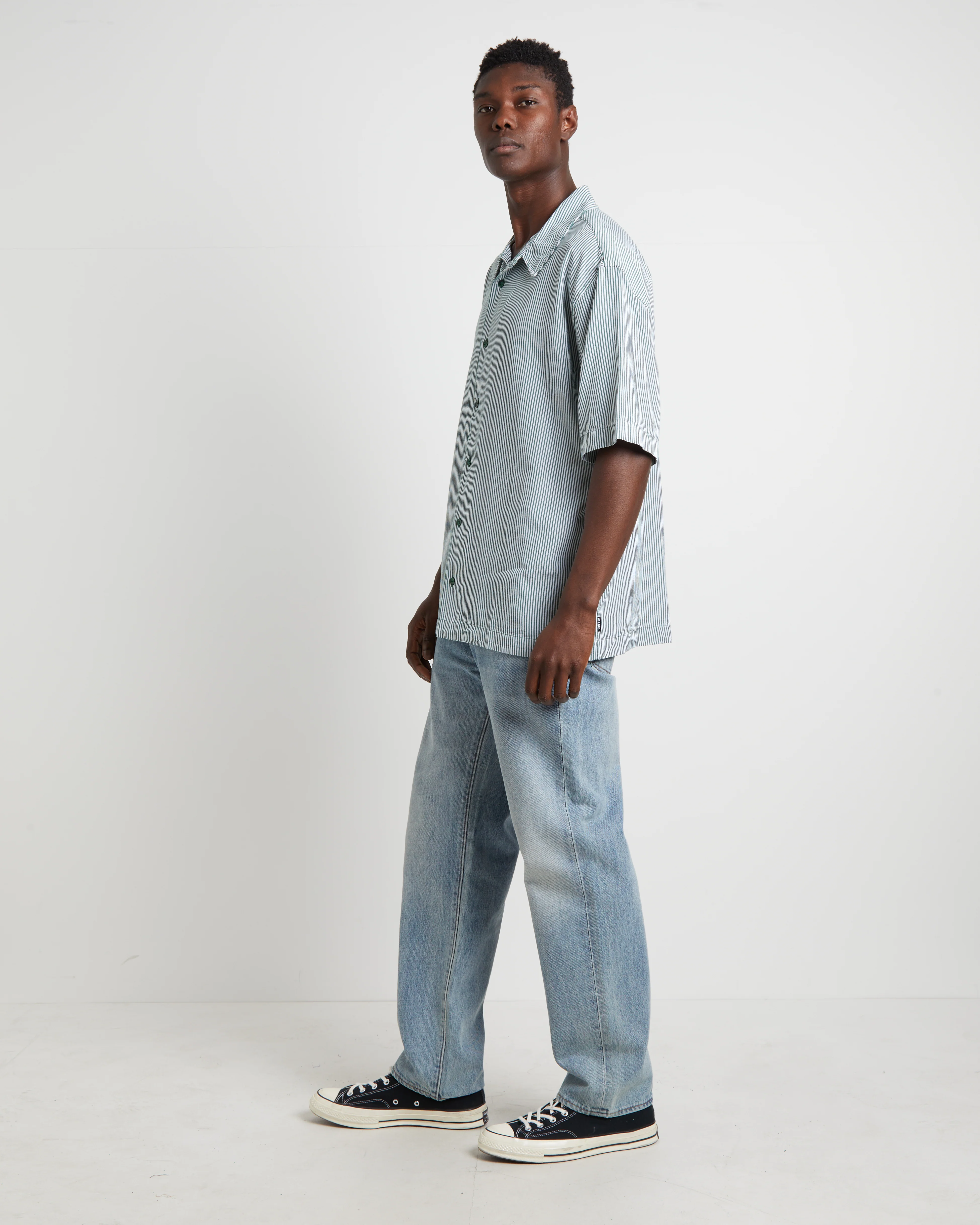 Intergalactic Cuban Short Sleeve Shirt in Emerald Stripe Green - Image 4