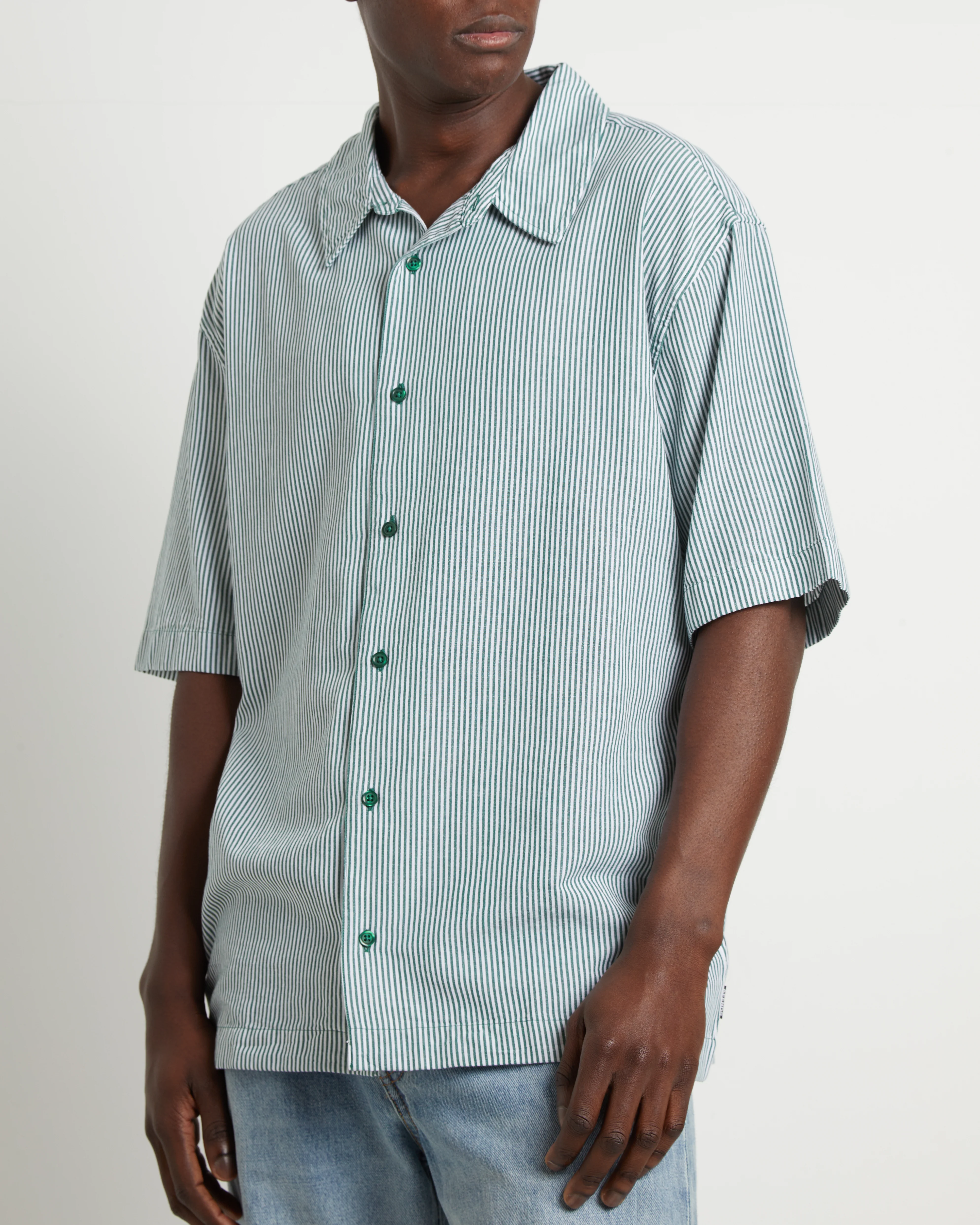 Intergalactic Cuban Short Sleeve Shirt in Emerald Stripe Green - Image 5