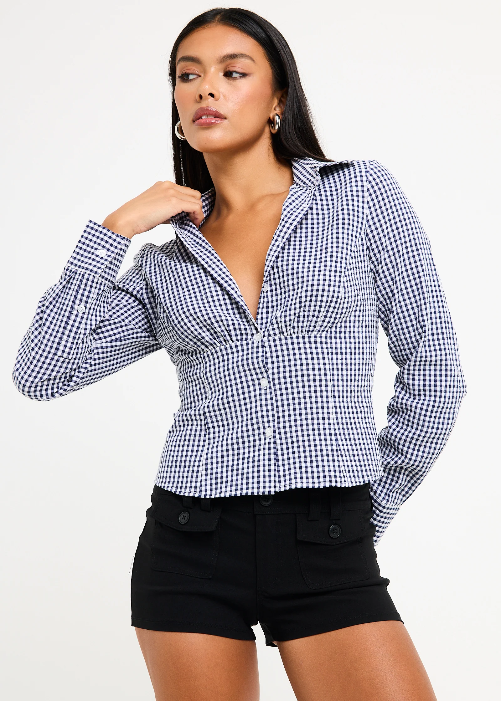 Isha Check Button Down Long Sleeve  Shirt