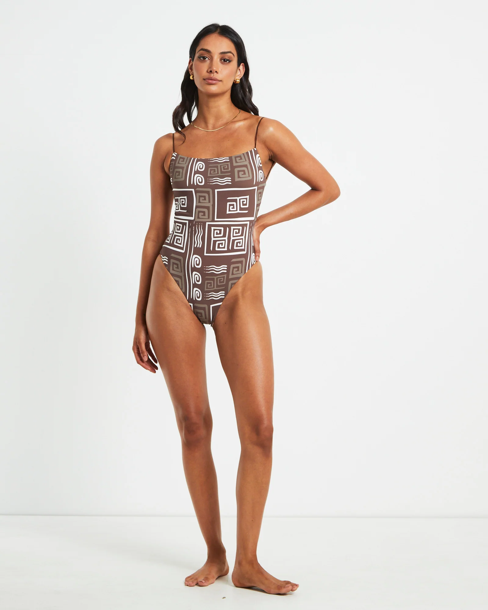 Jenna Skinny Strap One Piece in Brown/White - Image 3