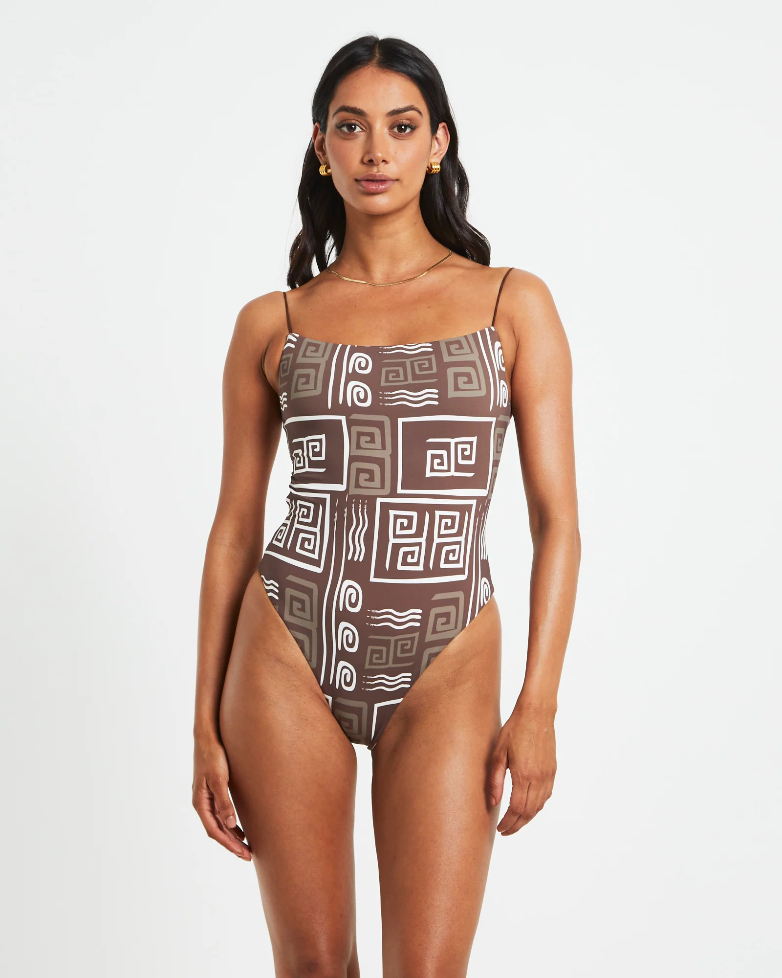 Jenna Skinny Strap One Piece in Brown/White - Image 6