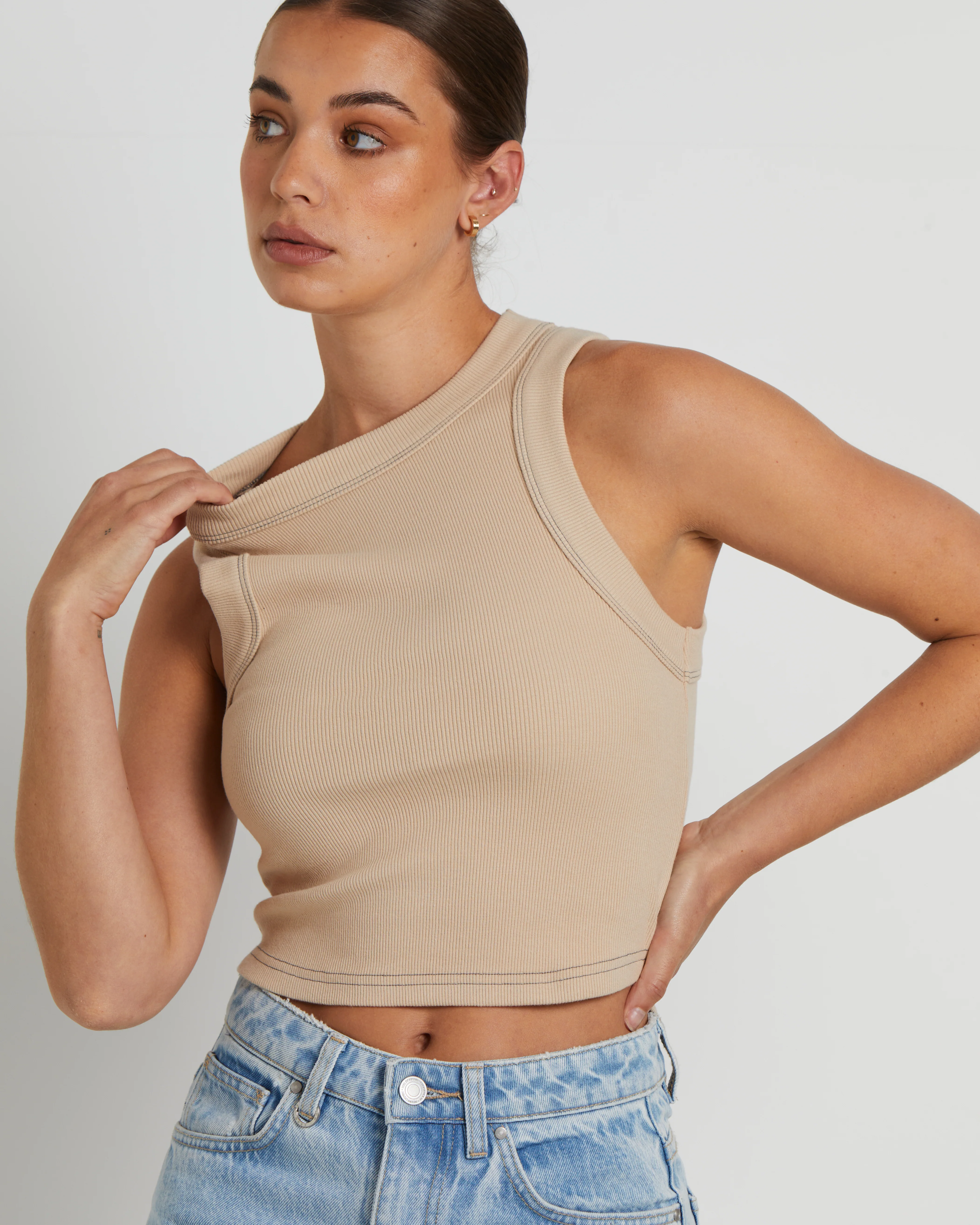 Jonesy Recut Rib Singlet in Bleached Sand - Image 6