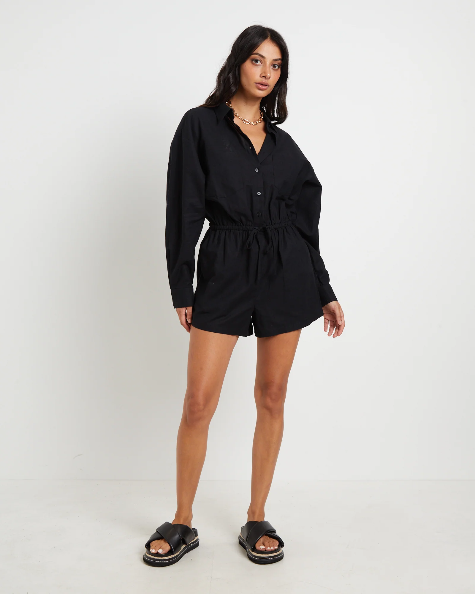 Joslin Boxy Long Sleeve Shirt Playsuit in Black - Image 3