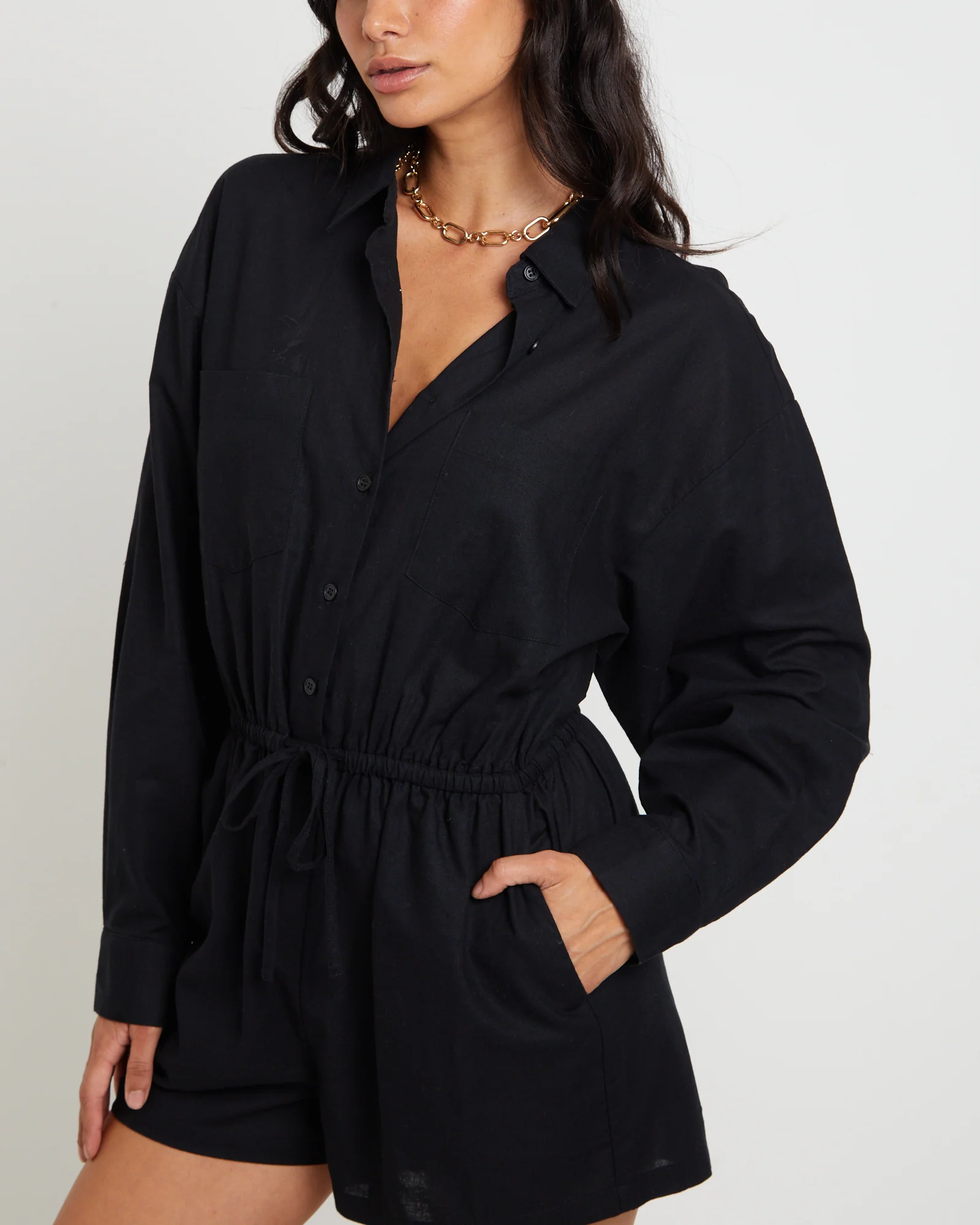 Joslin Boxy Long Sleeve Shirt Playsuit in Black - Image 5