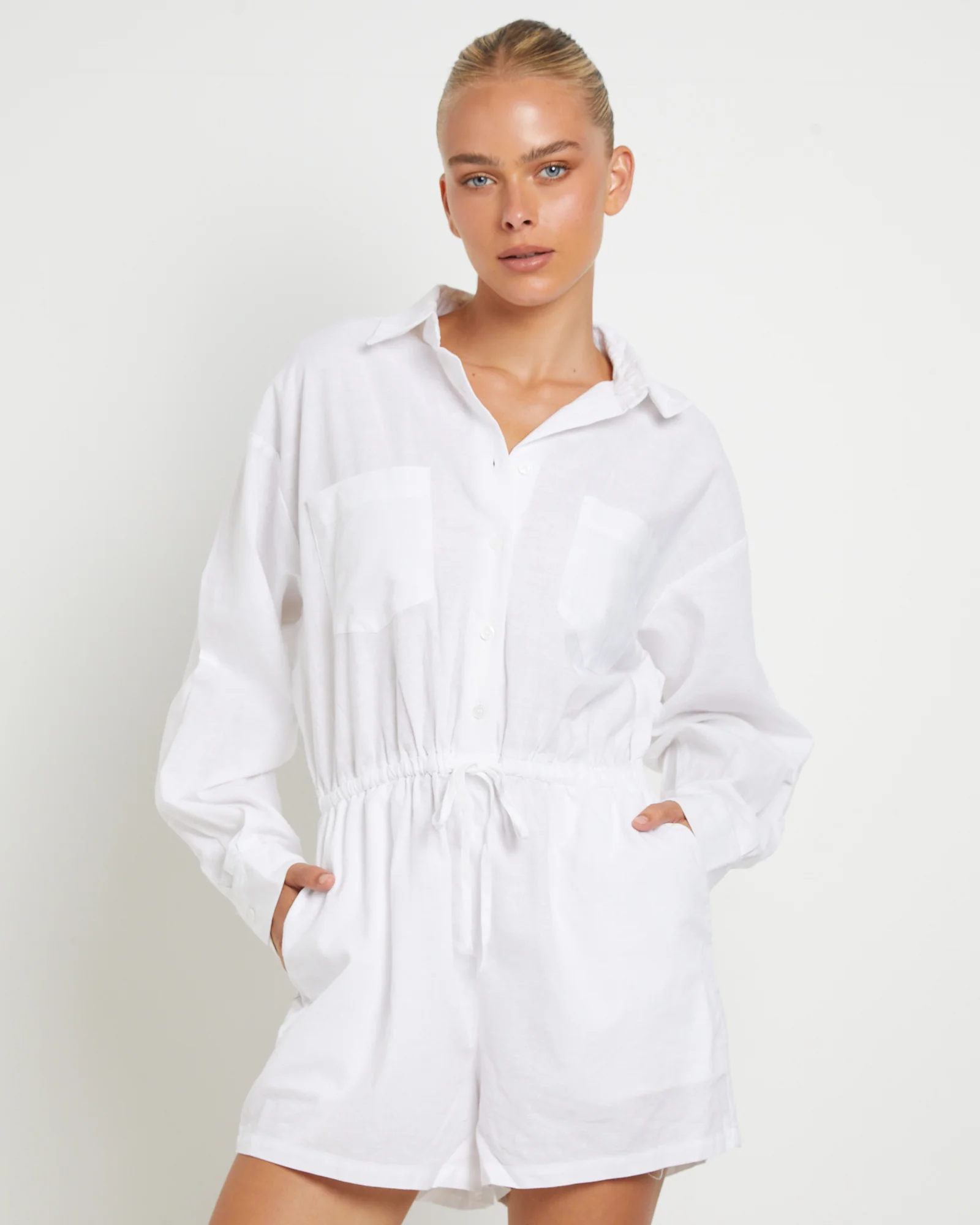 Joslin Boxy Long Sleeve Shirt Playsuit in White - Image 5