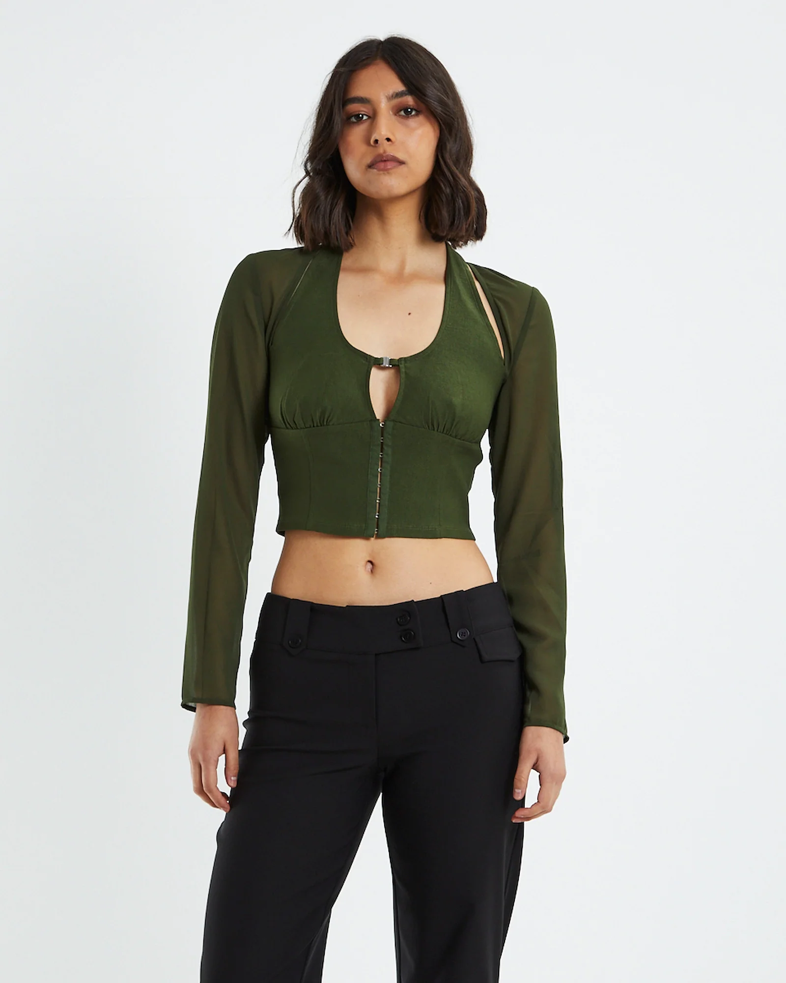 Kamali Hook Front Long Sleeve Halter Top Green - Image 5