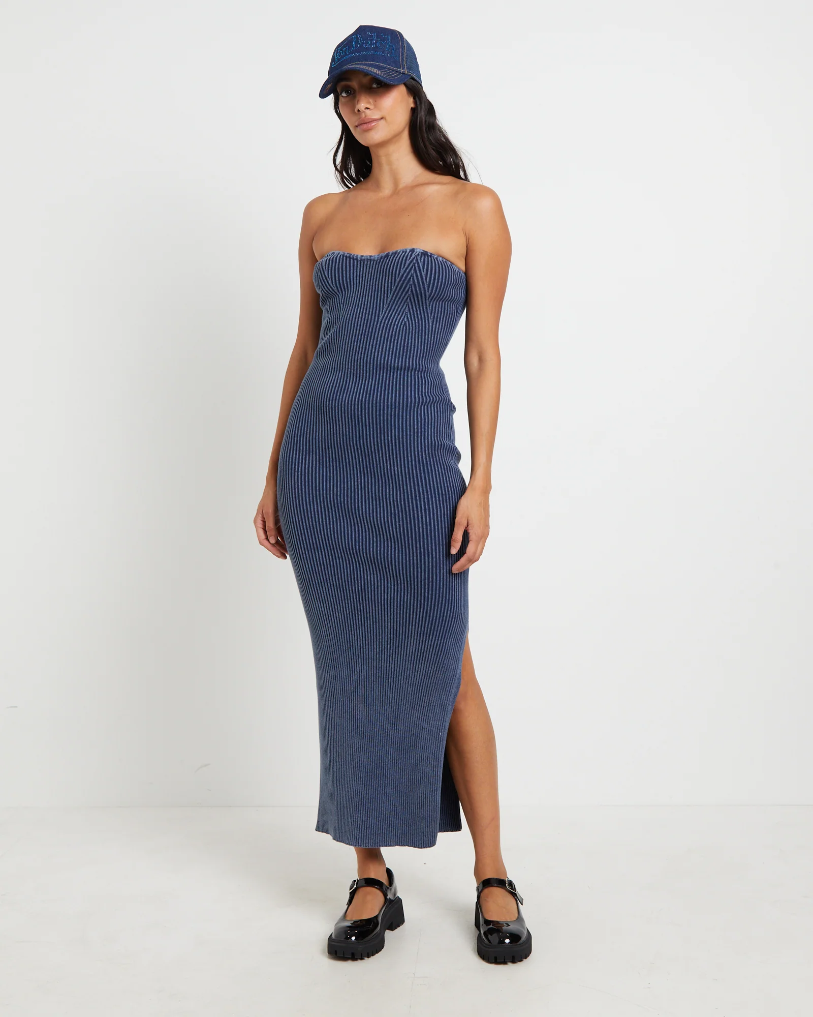 Kiah Acid Rib Knit Bandeau Midi Dress in Blue - Image 3